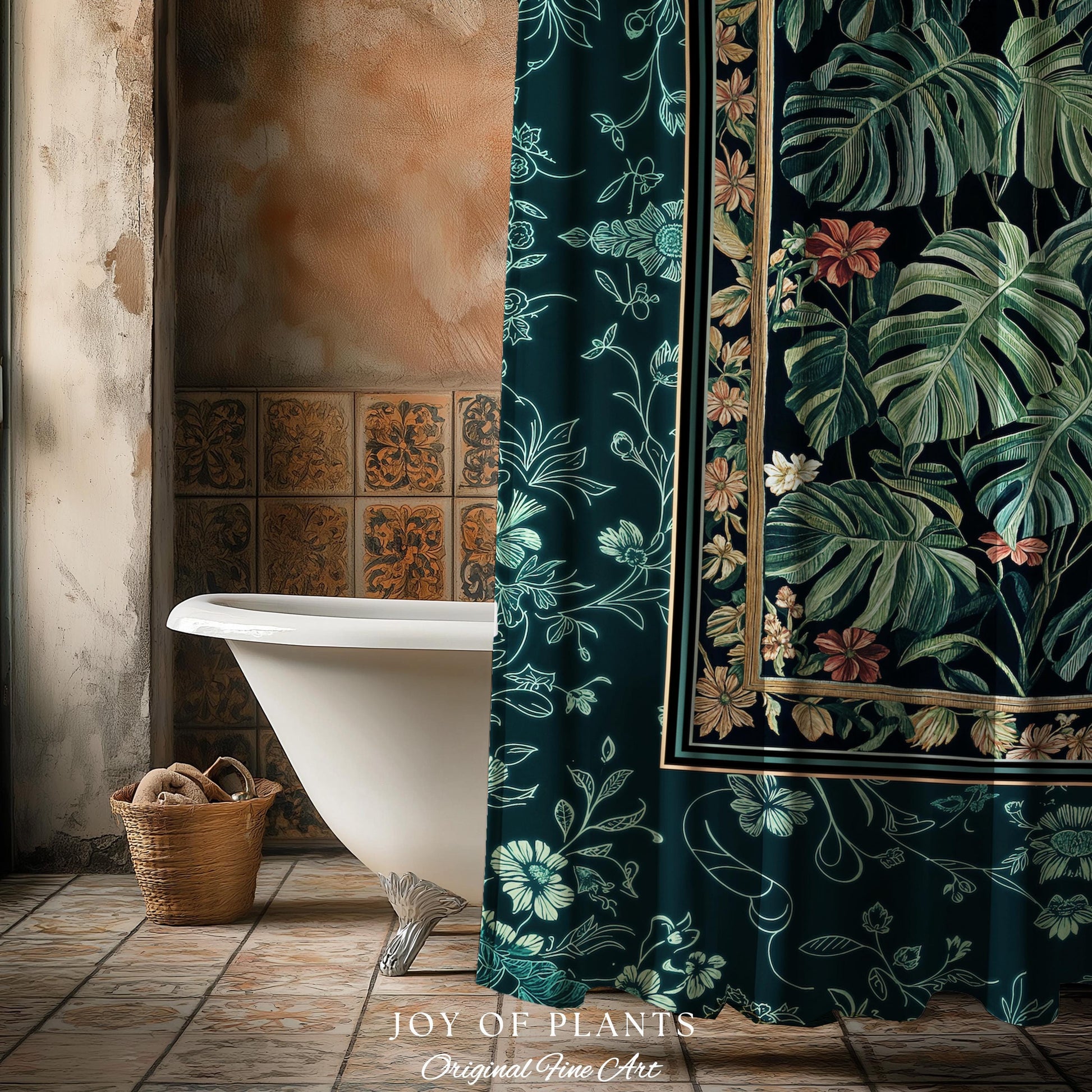 Dark Woodland Maximalist Monstera Shower Curtain | Tropigoth Botanical Bathroom Houseplant Lover Forestcore Costal Aesthetic Emerald Green |