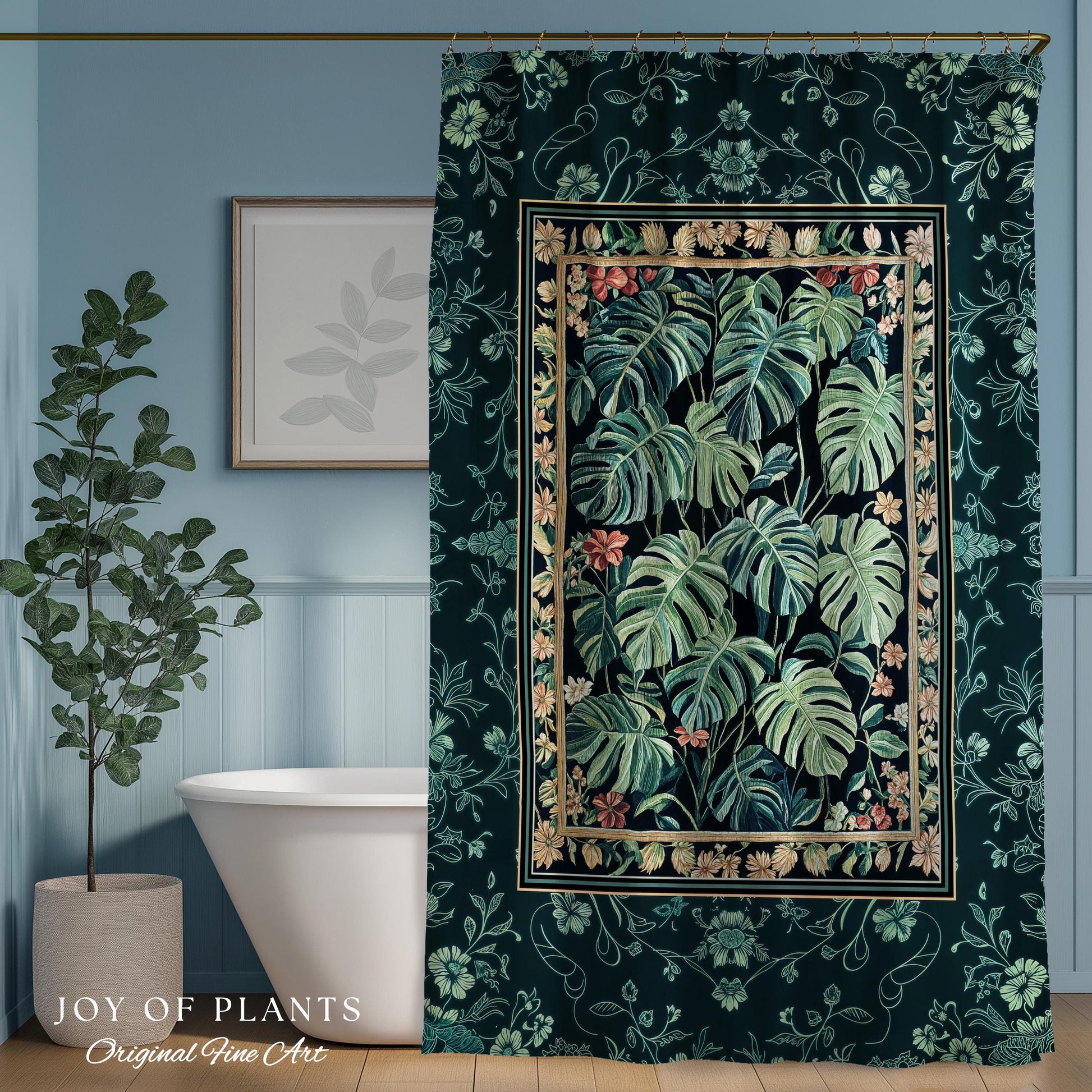 Dark Woodland Maximalist Monstera Shower Curtain | Tropigoth Botanical Bathroom Houseplant Lover Forestcore Costal Aesthetic Emerald Green |