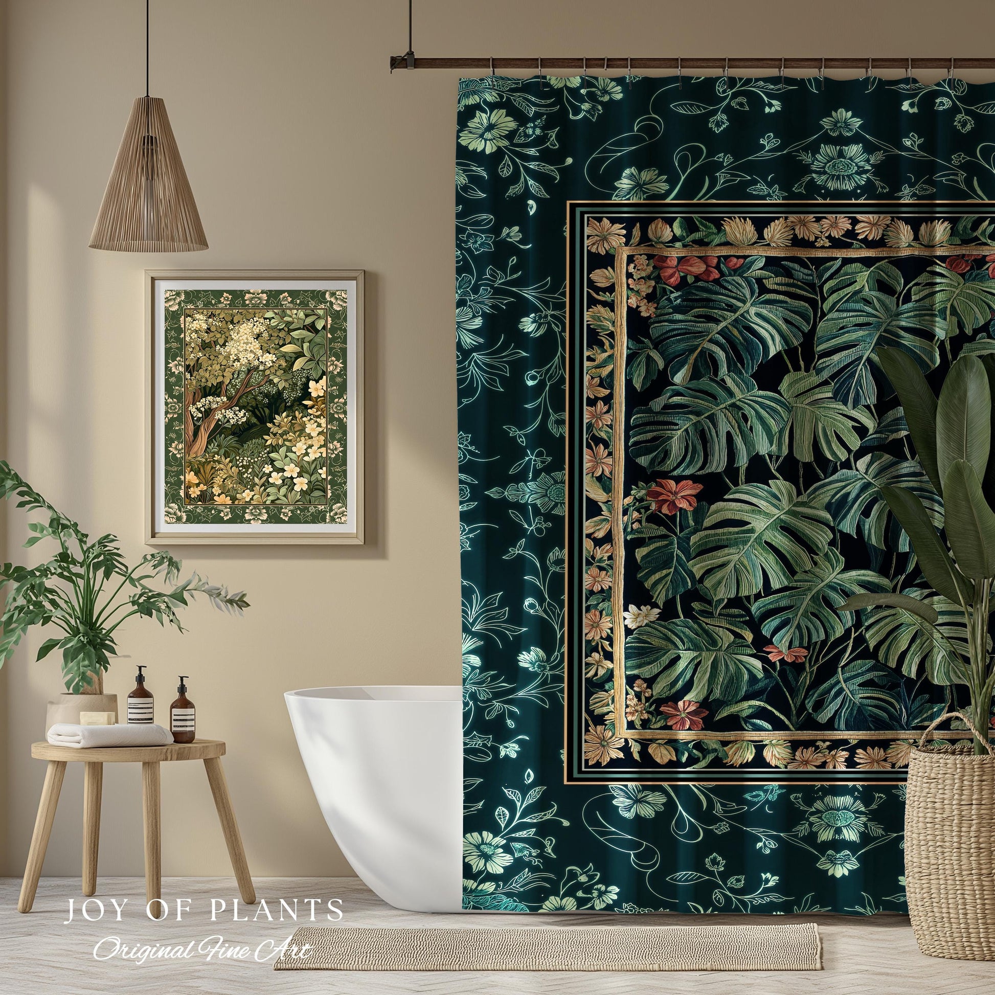 Dark Woodland Maximalist Monstera Shower Curtain | Tropigoth Botanical Bathroom Houseplant Lover Forestcore Costal Aesthetic Emerald Green |