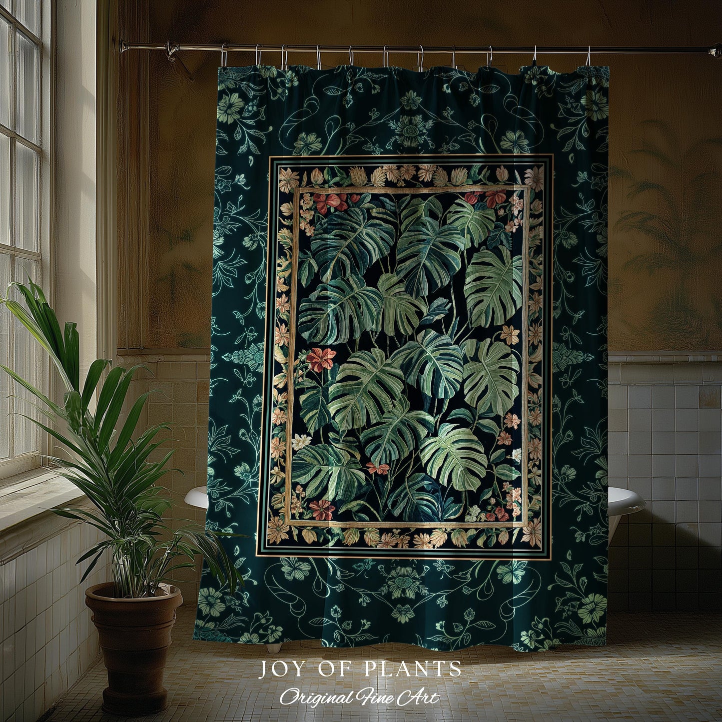Dark Woodland Maximalist Monstera Shower Curtain | Tropigoth Botanical Bathroom Houseplant Lover Forestcore Costal Aesthetic Emerald Green |