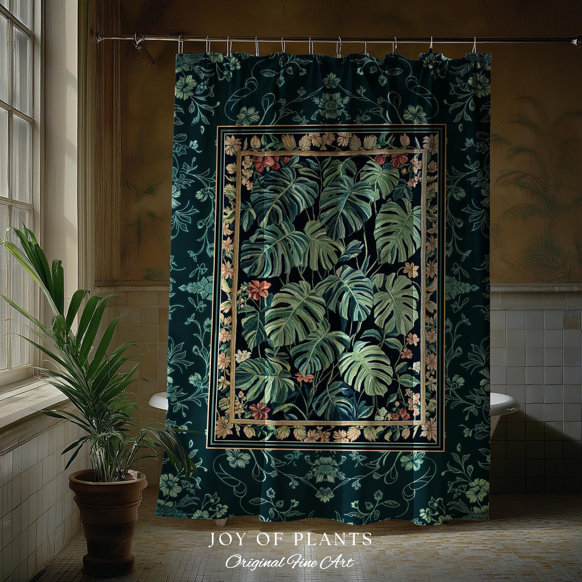Dark Woodland Maximalist Monstera Shower Curtain | Tropigoth Botanical Bathroom Houseplant Lover Forestcore Costal Aesthetic Emerald Green |