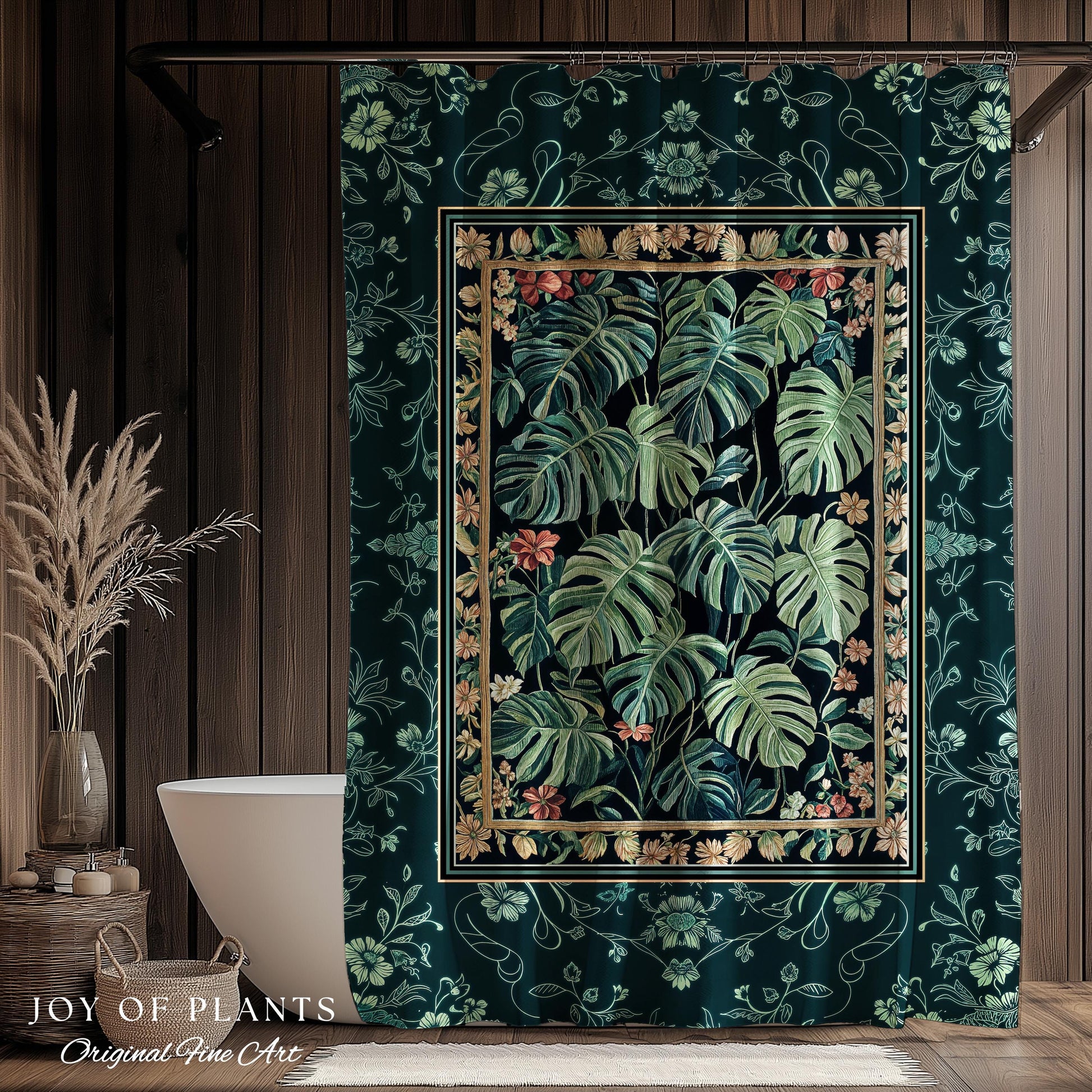 Dark Woodland Maximalist Monstera Shower Curtain | Tropigoth Botanical Bathroom Houseplant Lover Forestcore Costal Aesthetic Emerald Green |