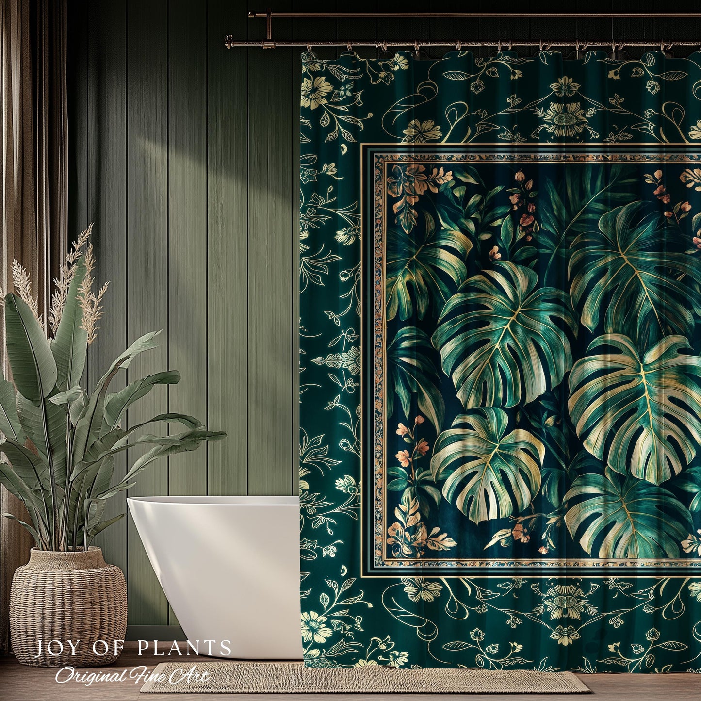 Jungle Inspired Emerald Green Shower Curtain | Monstera Moody Bathroom Trendy Tropigoth Bath Room Accent Botanical Gothic Dark Academia |