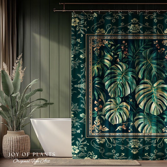 Jungle Inspired Emerald Green Shower Curtain | Monstera Moody Bathroom Trendy Tropigoth Bath Room Accent Botanical Gothic Dark Academia |