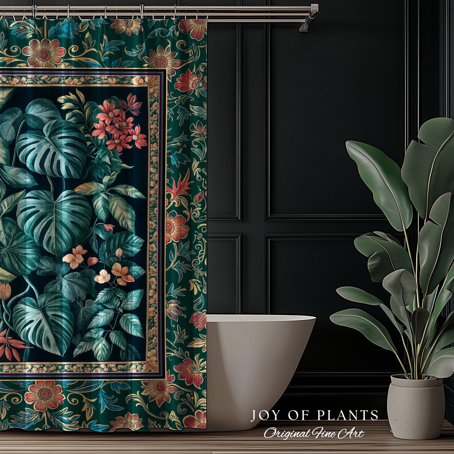 Elegant Botanicals Dark Forestcore Shower Curtain | Woodland Fairycore Tapestry Dark Cottagecore Vintage Style Moody Bathroom Teal Aesthetic