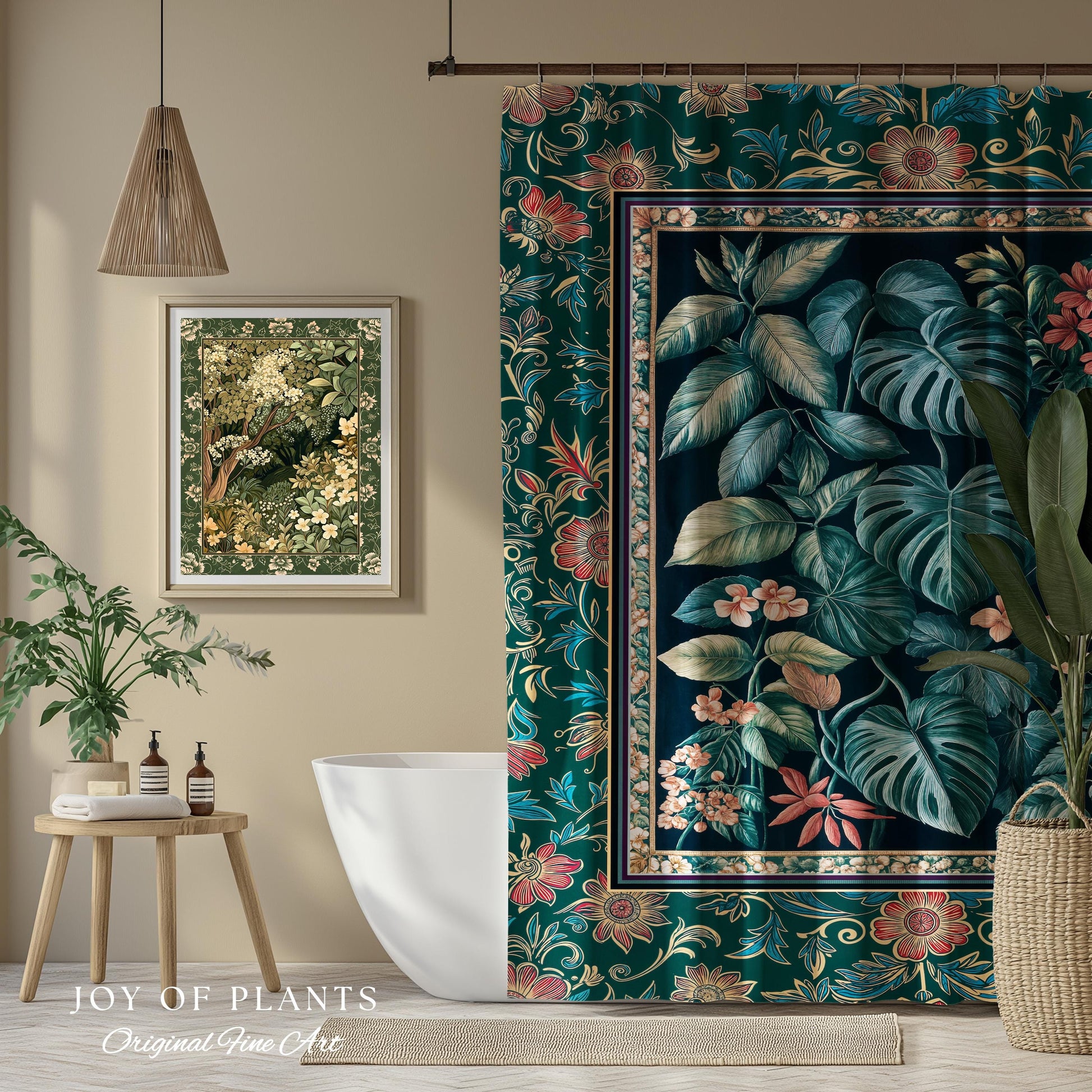 Elegant Botanicals Dark Forestcore Shower Curtain | Woodland Fairycore Tapestry Dark Cottagecore Vintage Style Moody Bathroom Teal Aesthetic