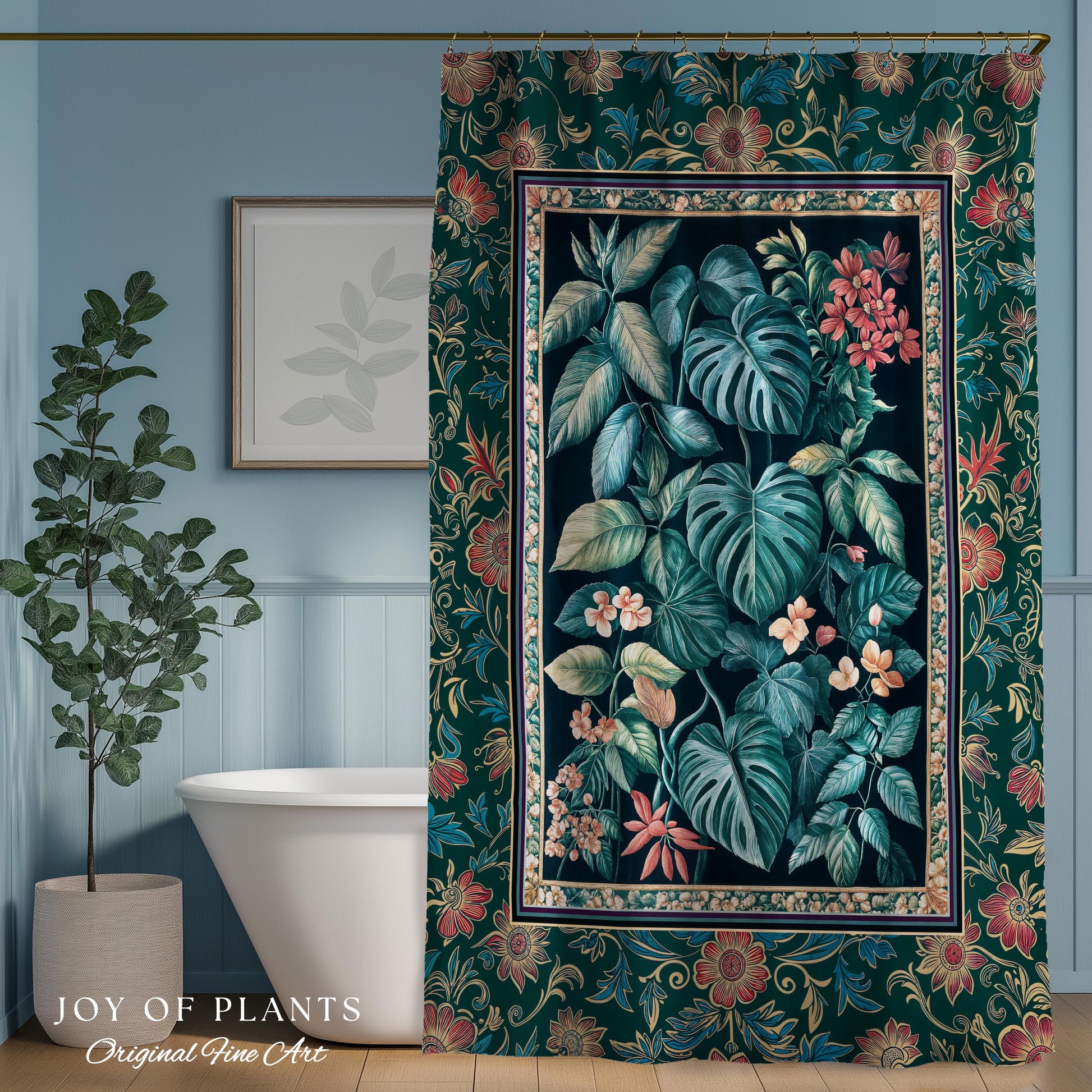 Elegant Botanicals Dark Forestcore Shower Curtain | Woodland Fairycore Tapestry Dark Cottagecore Vintage Style Moody Bathroom Teal Aesthetic
