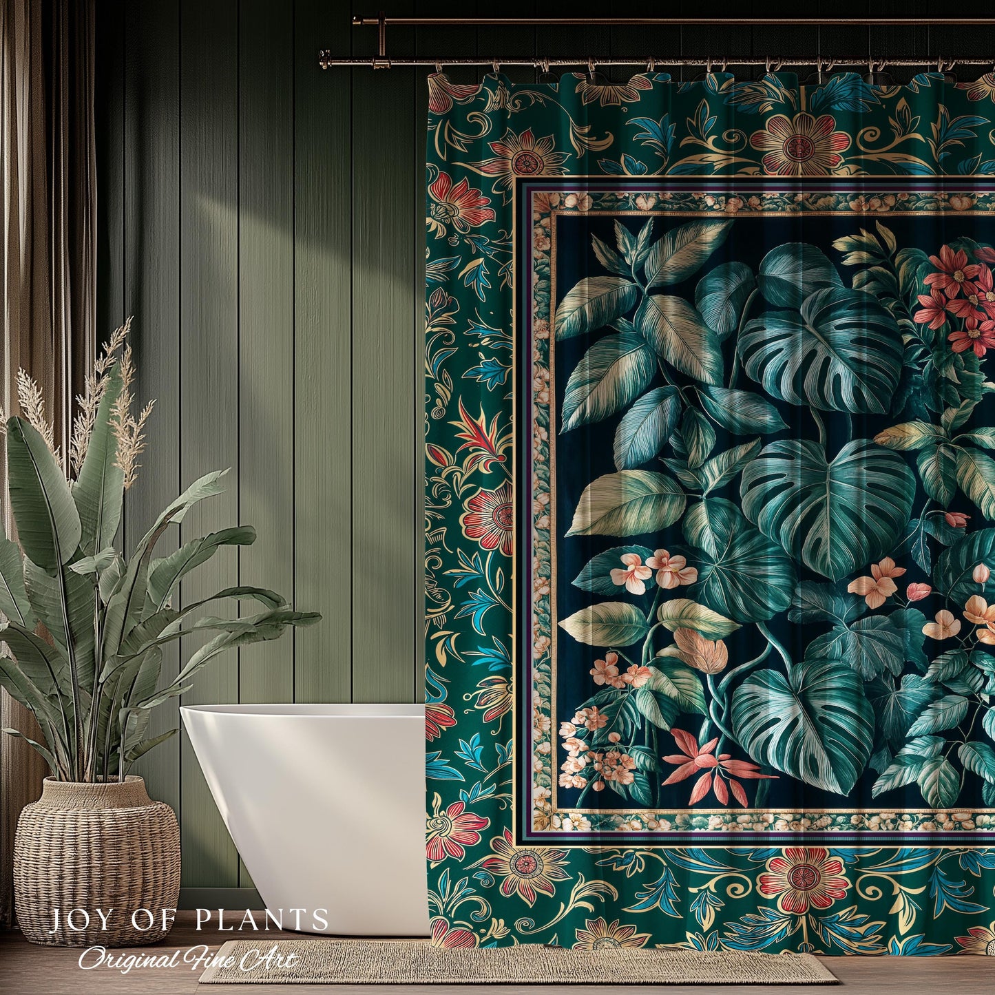Elegant Botanicals Dark Forestcore Shower Curtain | Woodland Fairycore Tapestry Dark Cottagecore Vintage Style Moody Bathroom Teal Aesthetic