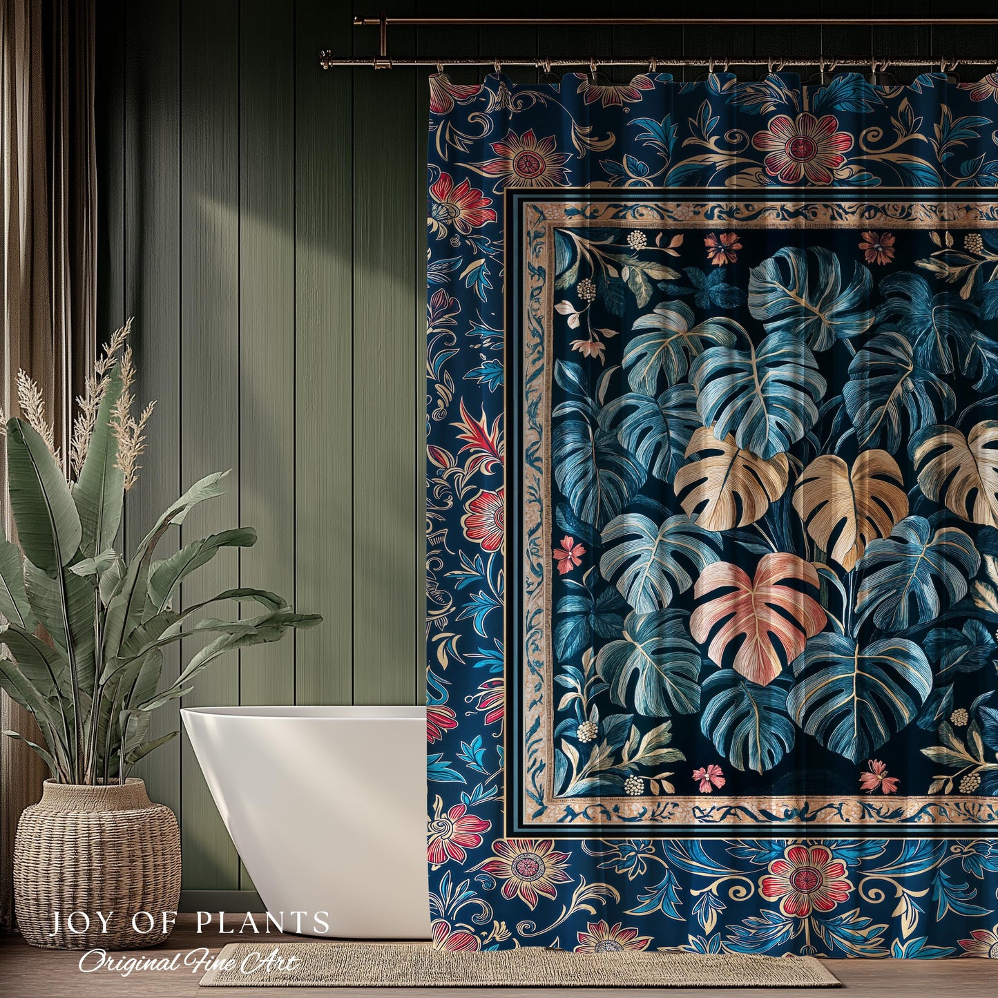 Serene Monstera Forest Shower Curtain | Enchanted Tropigoth Bathroom Whimsical Cottagecore Houseplant Lover Mystic Aesthetic Boho Colorful |