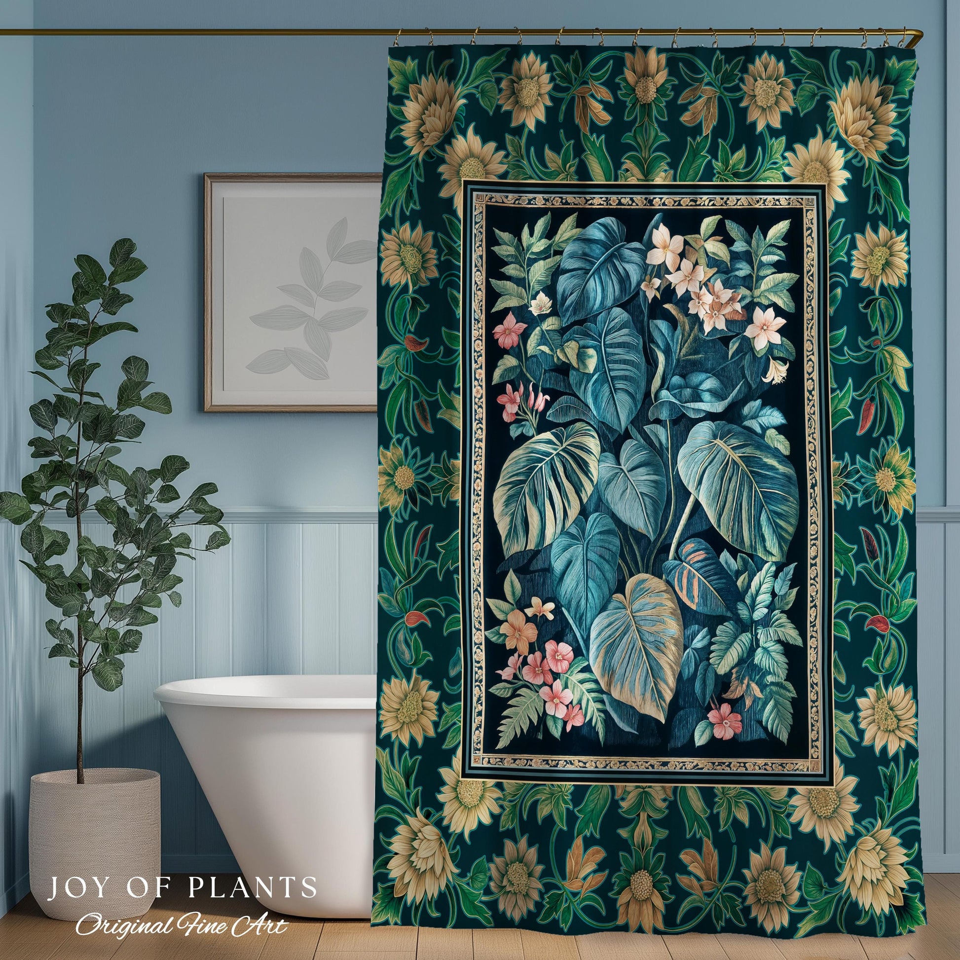 Ethereal Botanicals Shower Curtain | Houseplant Bathroom Monstera Maximalist Leaf Decor Dark Academia Aesthetic Tropical Emerald Leaves |