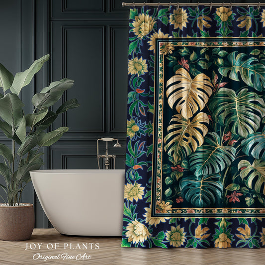 Elegant Jungle Leaves Shower Curtain | Dreamy Cottagecore Maximalist Decor for Houseplant Lover Cute Forestcore Woodland Jungle Bathroom |