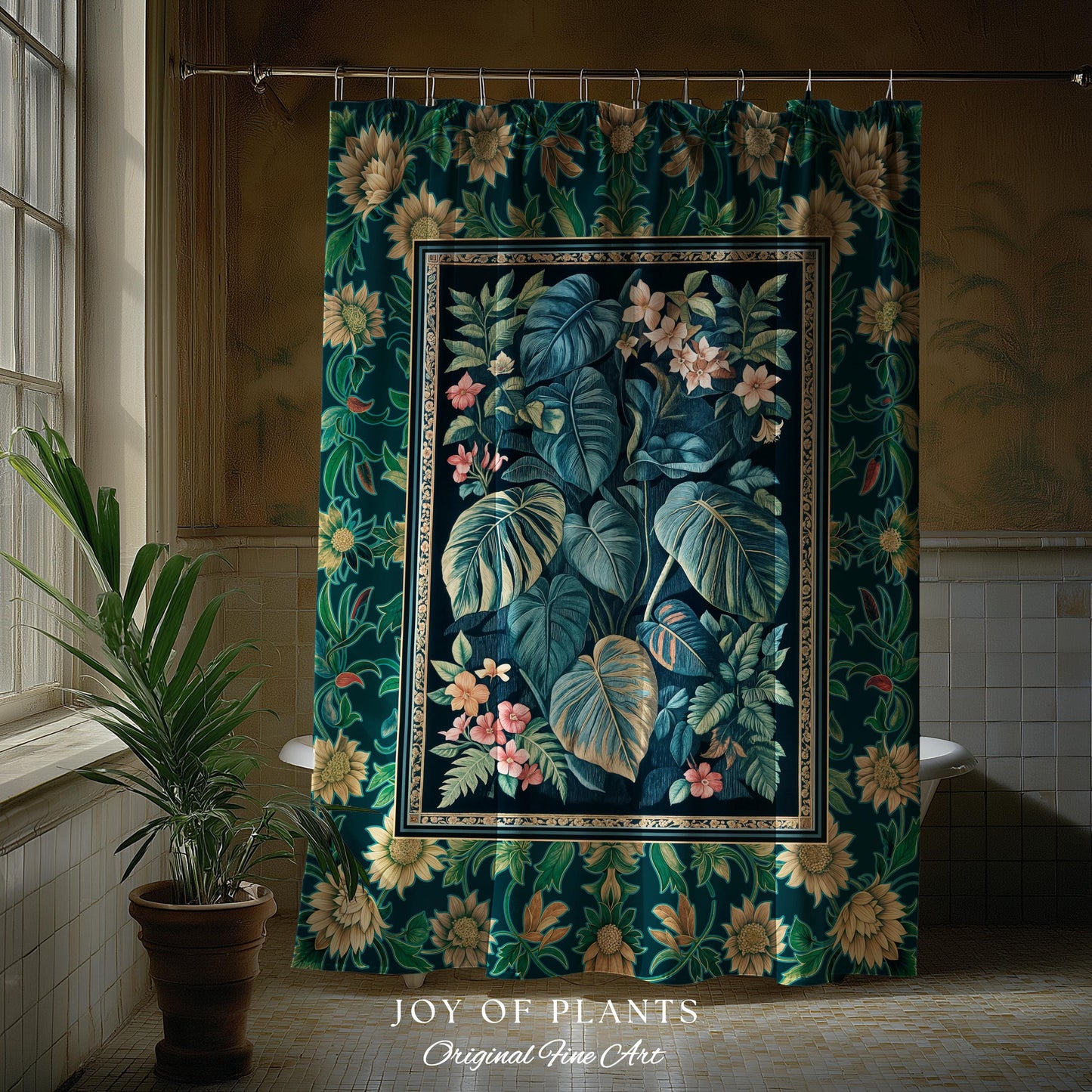 Ethereal Botanicals Shower Curtain | Houseplant Bathroom Monstera Maximalist Leaf Decor Dark Academia Aesthetic Tropical Emerald Leaves |
