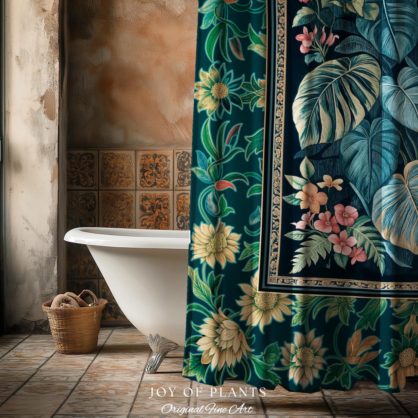 Ethereal Botanicals Shower Curtain | Houseplant Bathroom Monstera Maximalist Leaf Decor Dark Academia Aesthetic Tropical Emerald Leaves |