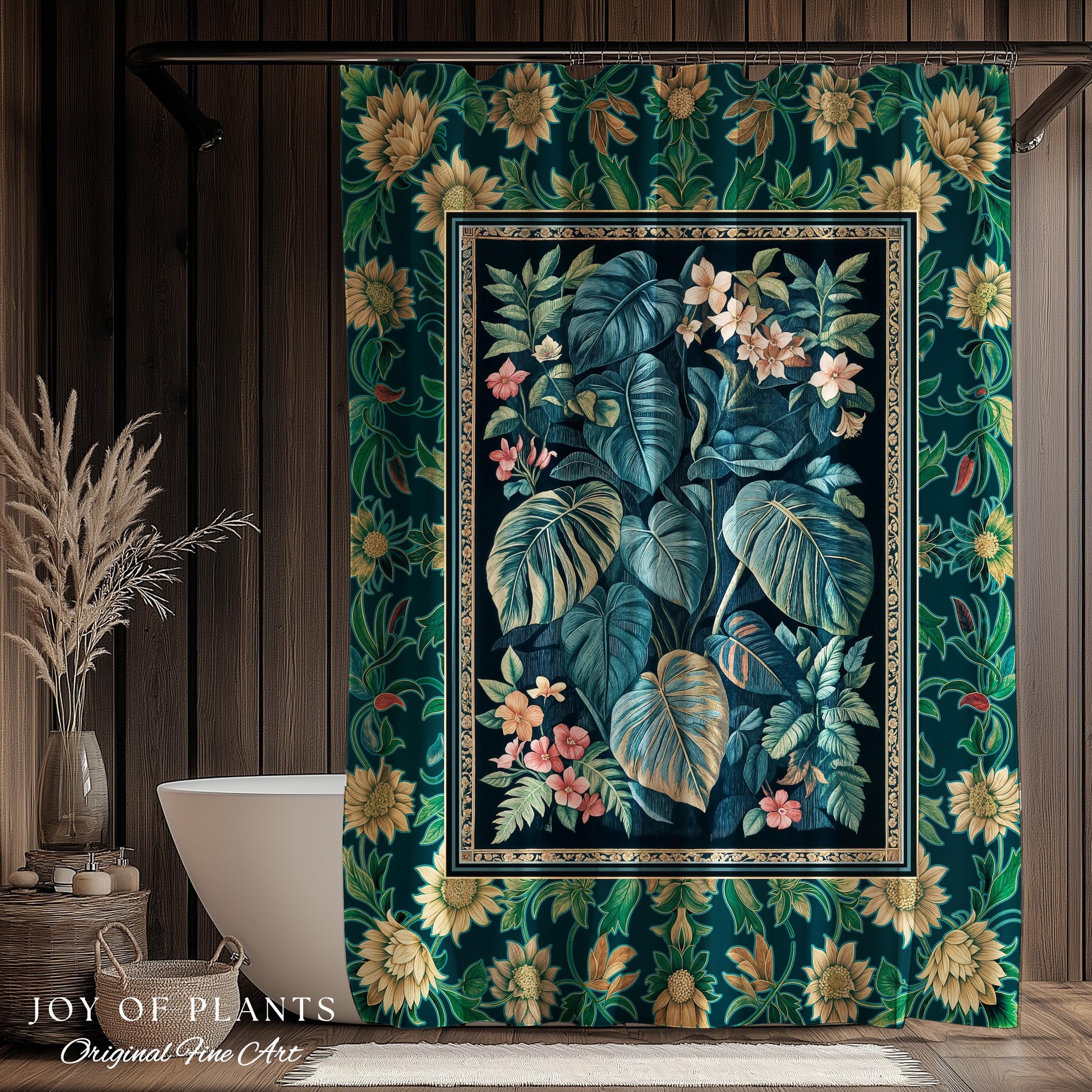 Ethereal Botanicals Shower Curtain | Houseplant Bathroom Monstera Maximalist Leaf Decor Dark Academia Aesthetic Tropical Emerald Leaves |
