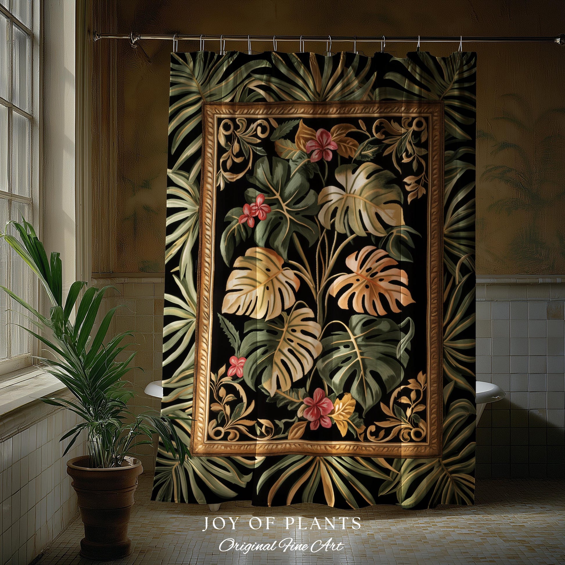 Trendy Tropical Leaves Shower Curtain | Whimsical Monstera Bathroom Decor for Plant Lovers Maximalist Jungle Cottagecore Whimsy Aesthetic |