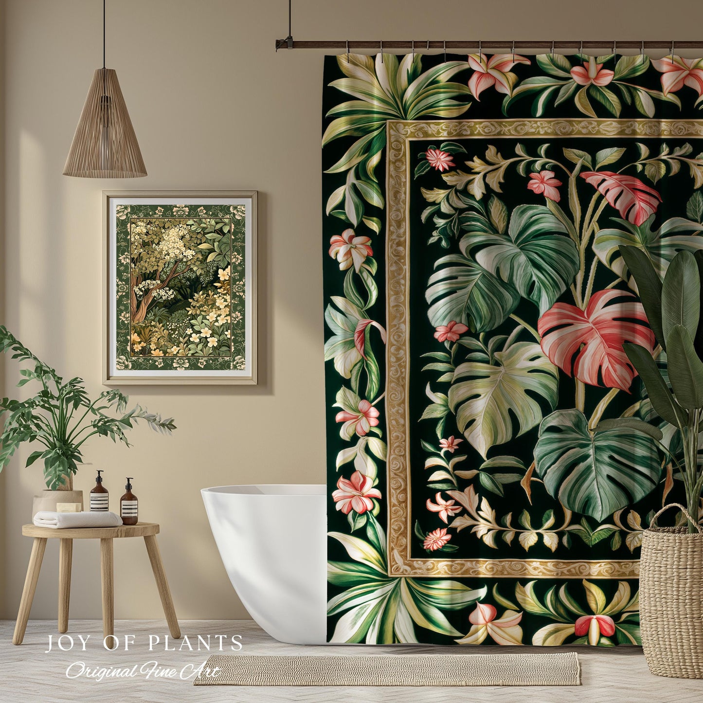 Earthy Vibes Monstera Shower Curtain | Cozy Forestcore Vintage Summer Bedspread Tropical Goth Aesthetic Cottagecore Leafy Bathroom