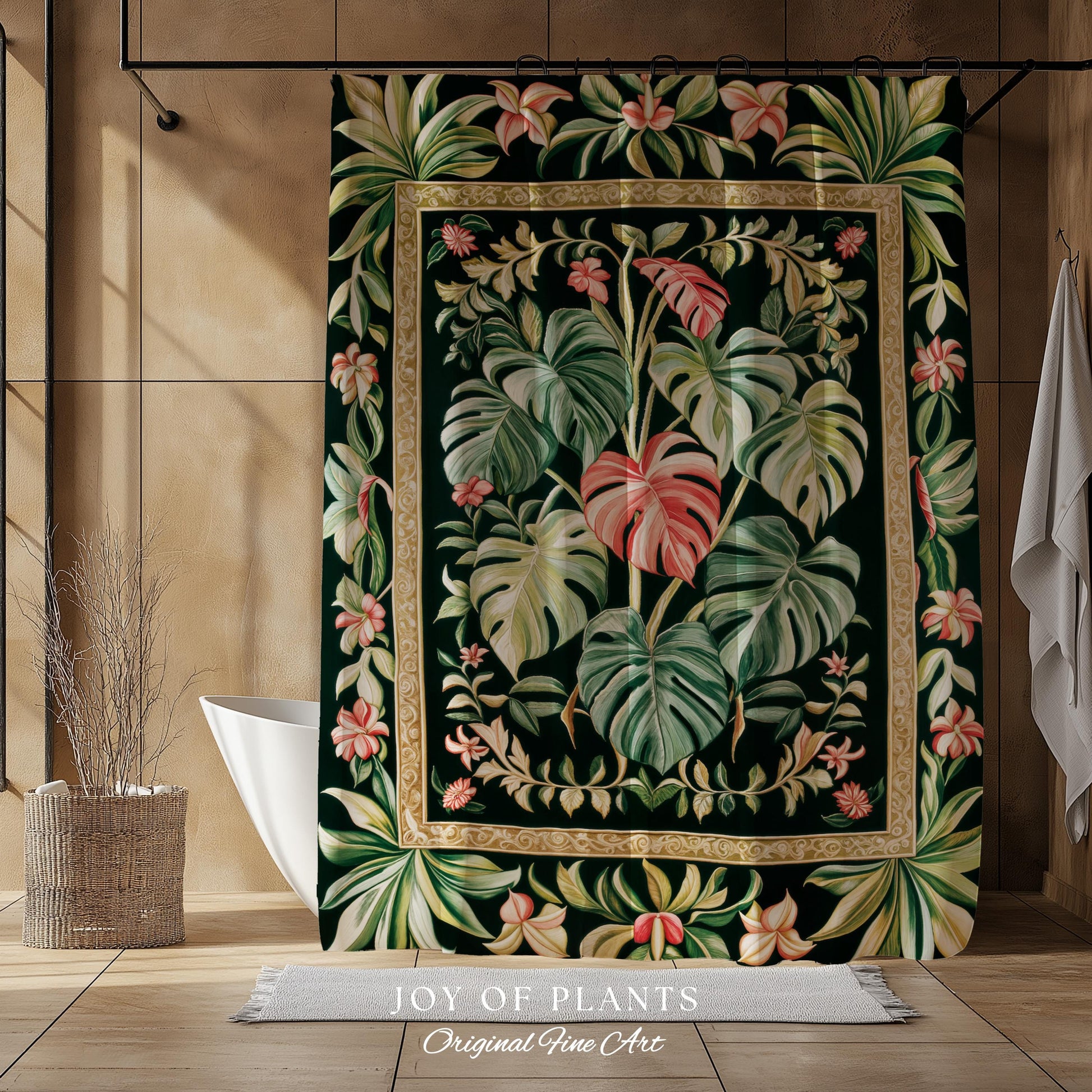 Earthy Vibes Monstera Shower Curtain | Cozy Forestcore Vintage Summer Bedspread Tropical Goth Aesthetic Cottagecore Leafy Bathroom