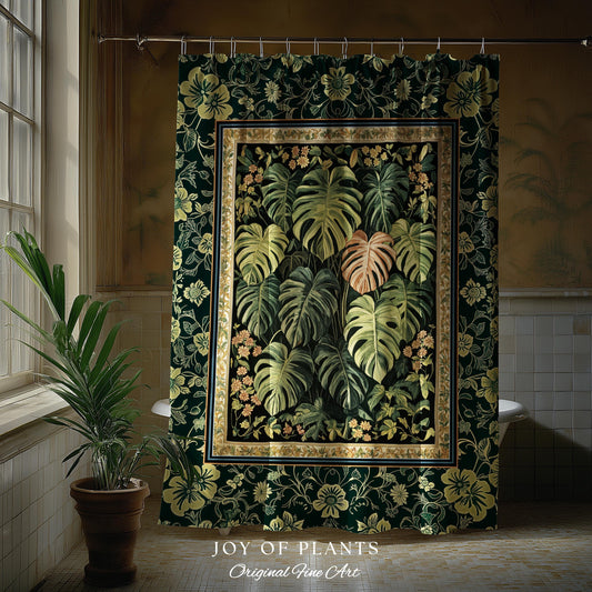 Earthy Colors Cottagecore Monstera Shower Curtain | Cute Forestcore Woodland Jungle Vibes Dark Academia Bathroom Houseplant Lover Accent |