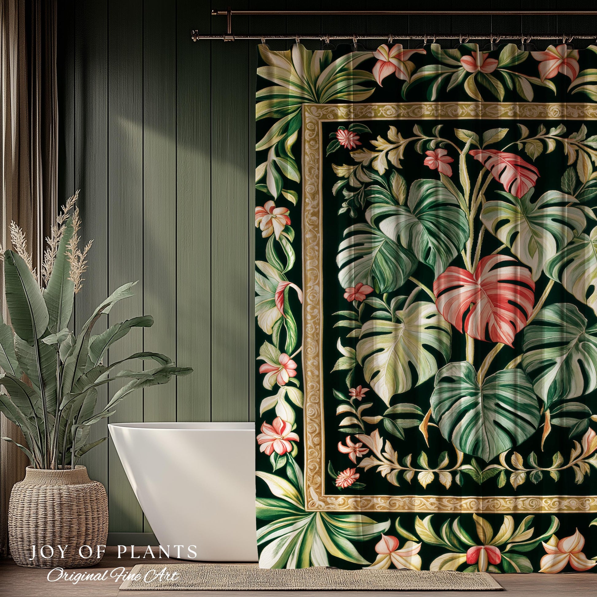 Earthy Vibes Monstera Shower Curtain | Cozy Forestcore Vintage Summer Bedspread Tropical Goth Aesthetic Cottagecore Leafy Bathroom