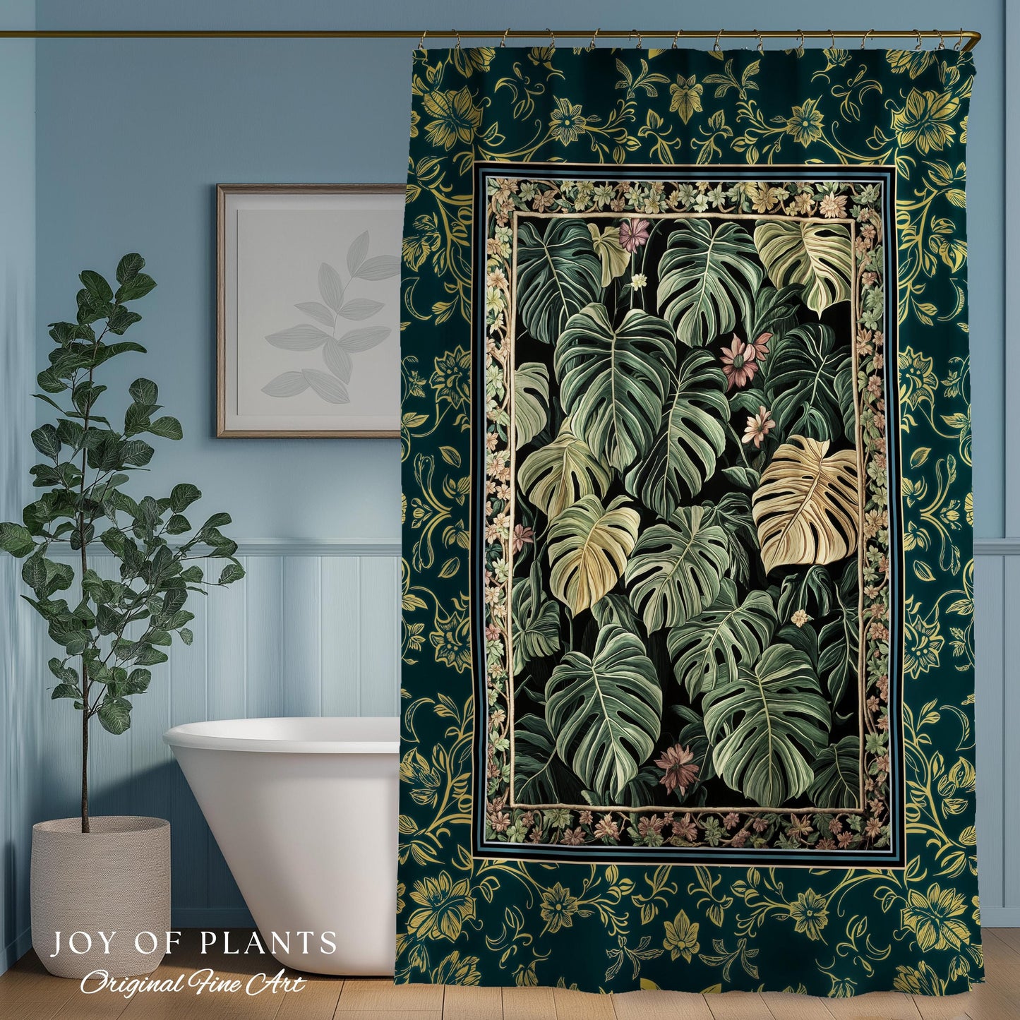 Monstera Shower Curtain Unique | Herbology Style Dark Cottagecore Tropical Aesthetic Dark Floral Houseplant Botanical Bathroom Whimsical |
