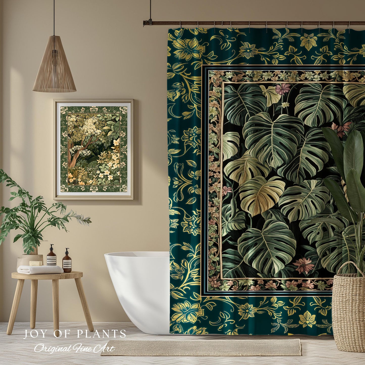 Monstera Shower Curtain Unique | Herbology Style Dark Cottagecore Tropical Aesthetic Dark Floral Houseplant Botanical Bathroom Whimsical |