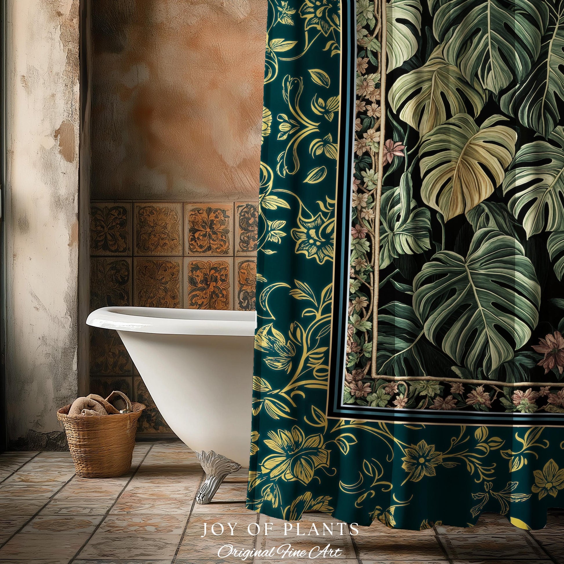 Monstera Shower Curtain Unique | Herbology Style Dark Cottagecore Tropical Aesthetic Dark Floral Houseplant Botanical Bathroom Whimsical |