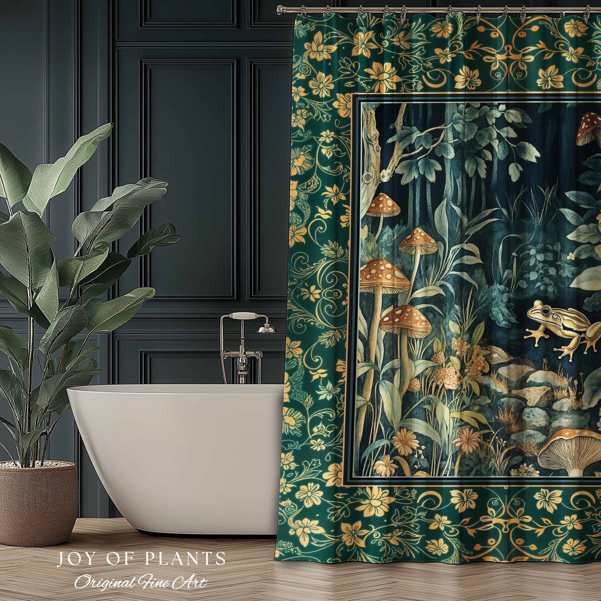 Retro Fungi Forest Shower Curtain | Botanical Wonders Mystic Cute Outdoorsy Eclectic Bathroom Goblincore Fairycore Woodland Theme Tropical |