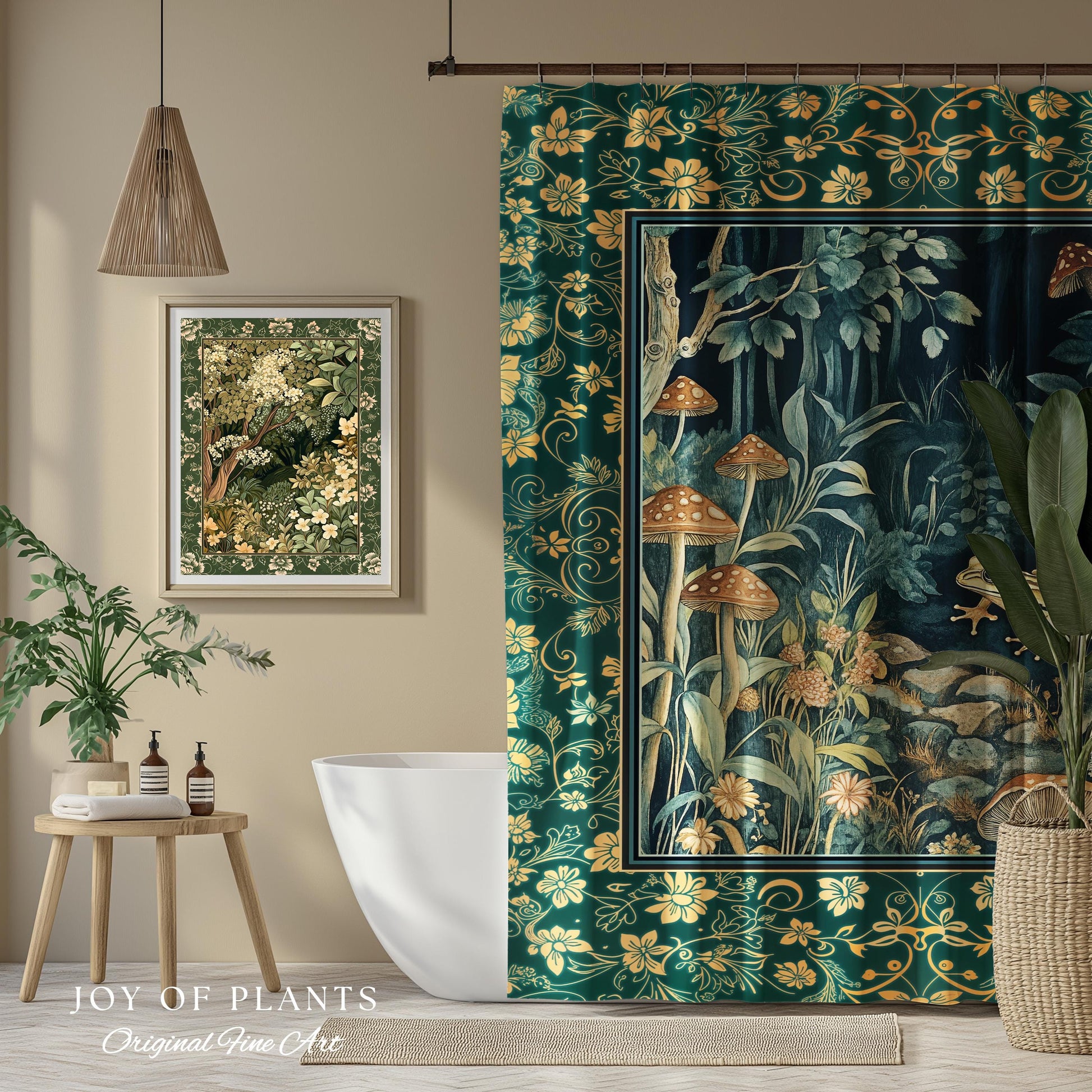 Retro Fungi Forest Shower Curtain | Botanical Wonders Mystic Cute Outdoorsy Eclectic Bathroom Goblincore Fairycore Woodland Theme Tropical |