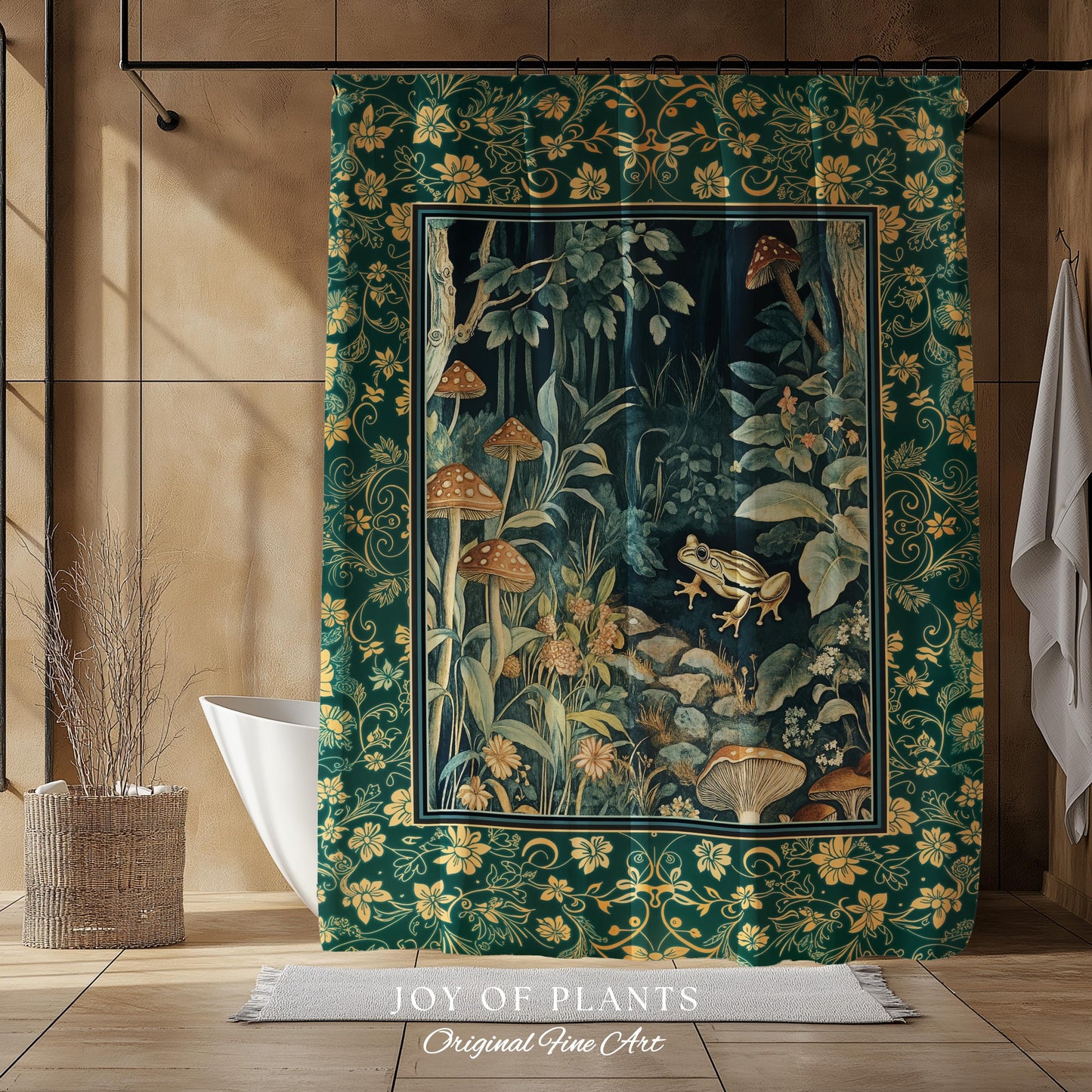 Retro Fungi Forest Shower Curtain | Botanical Wonders Mystic Cute Outdoorsy Eclectic Bathroom Goblincore Fairycore Woodland Theme Tropical |