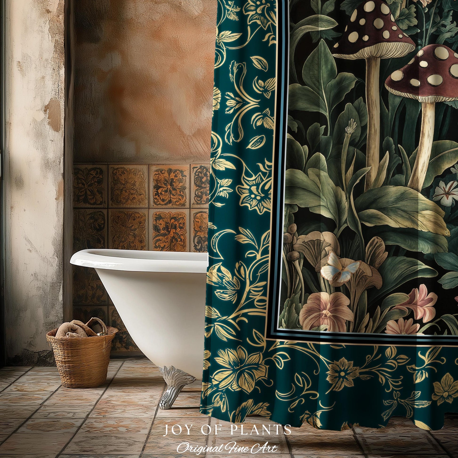 Fairytale Forest Mushroom Frog Shower Curtain | Trendy Aesthetic Cottagecore Botanical Curtain for Emerald Green Bathroom Funky Woodland |