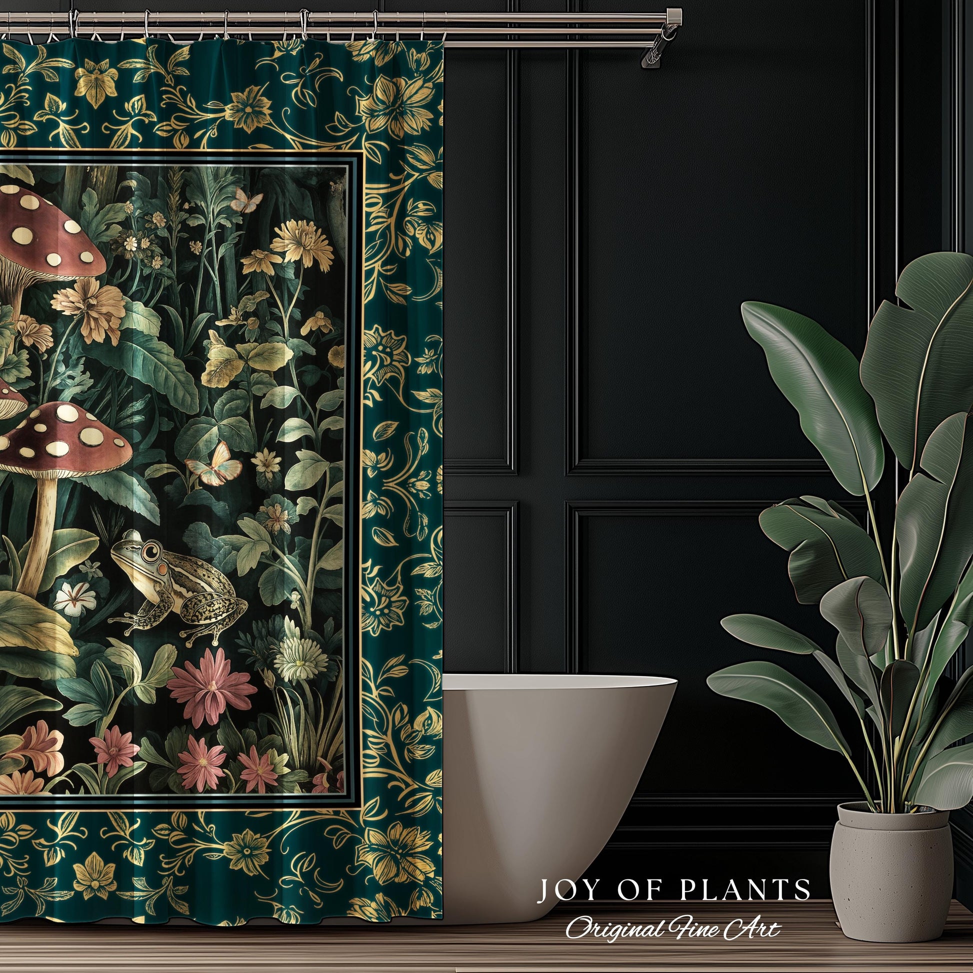 Fairytale Forest Mushroom Frog Shower Curtain | Trendy Aesthetic Cottagecore Botanical Curtain for Emerald Green Bathroom Funky Woodland |