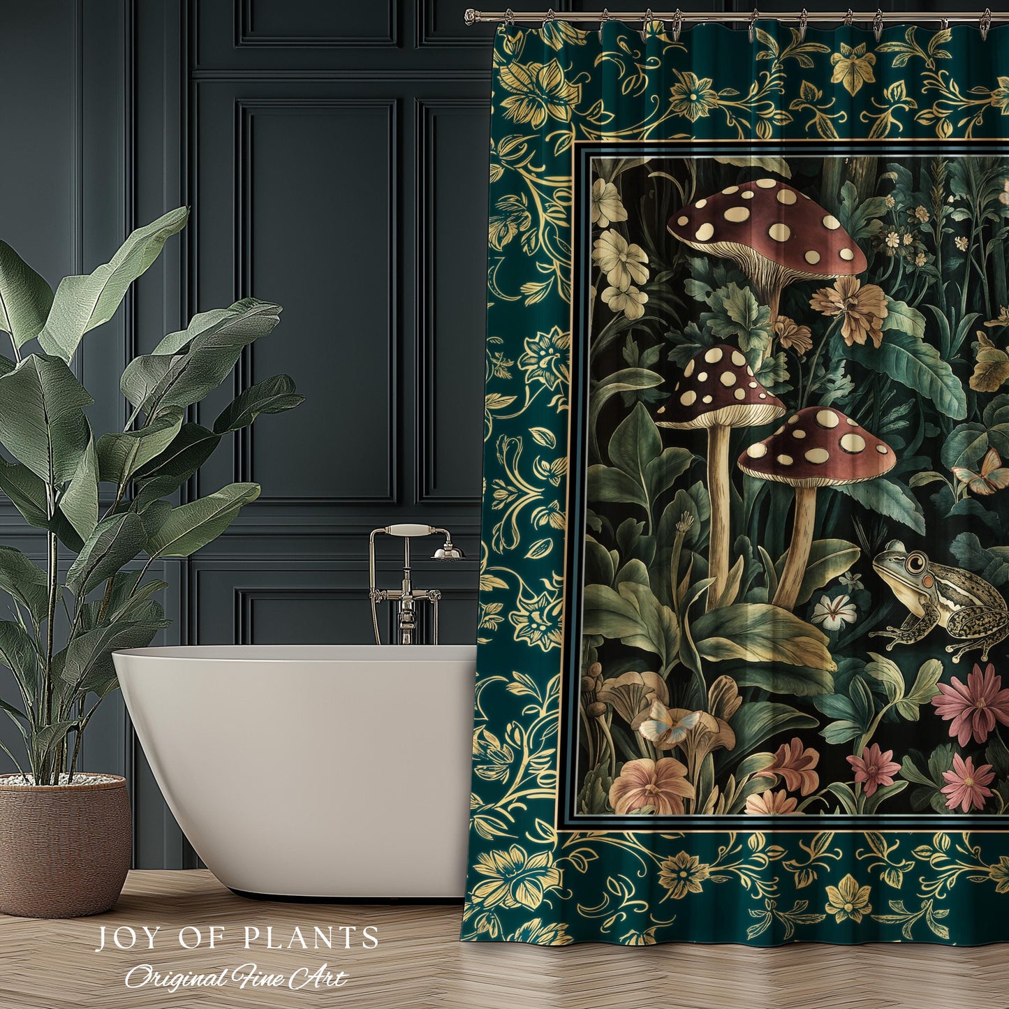 Fairytale Forest Mushroom Frog Shower Curtain | Trendy Aesthetic Cottagecore Botanical Curtain for Emerald Green Bathroom Funky Woodland |