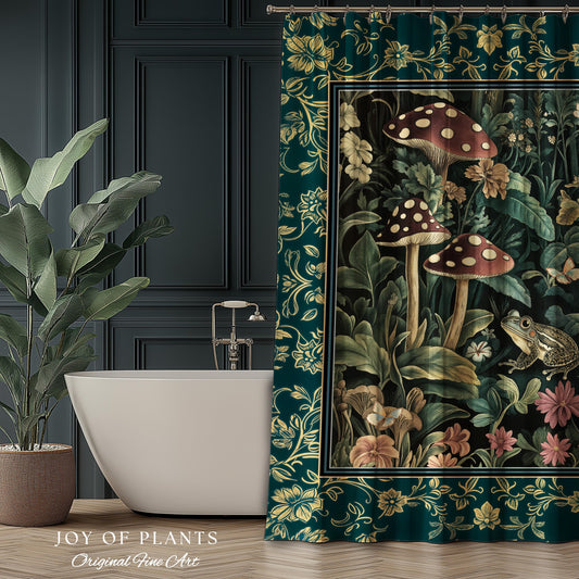 Fairytale Forest Mushroom Frog Shower Curtain | Trendy Aesthetic Cottagecore Botanical Curtain for Emerald Green Bathroom Funky Woodland |