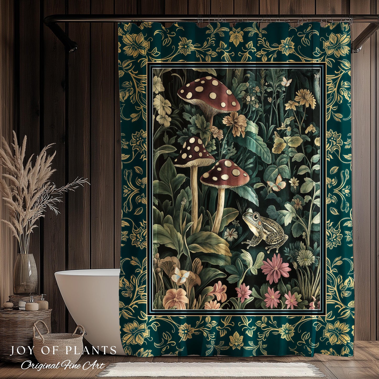 Fairytale Forest Mushroom Frog Shower Curtain | Trendy Aesthetic Cottagecore Botanical Curtain for Emerald Green Bathroom Funky Woodland |