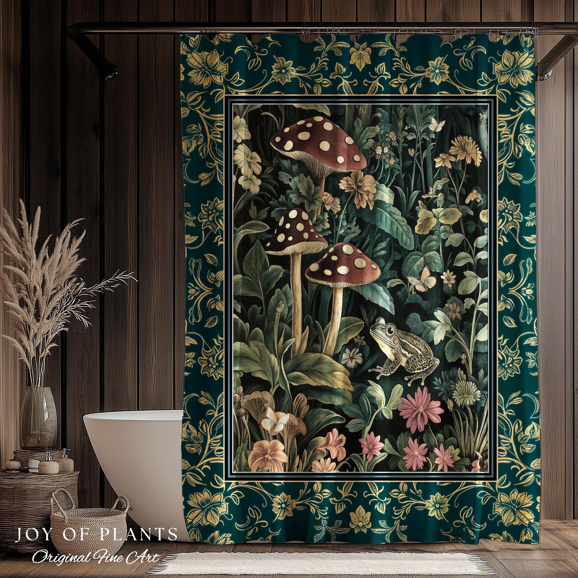 Fairytale Forest Mushroom Frog Shower Curtain | Trendy Aesthetic Cottagecore Botanical Curtain for Emerald Green Bathroom Funky Woodland |