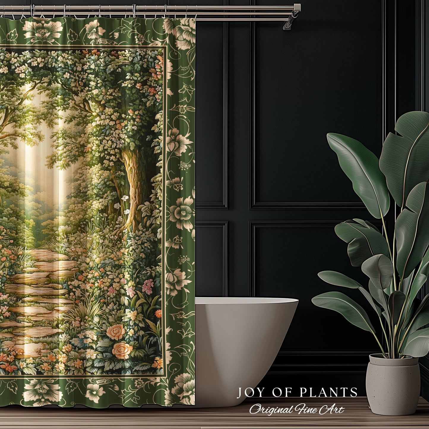 Mystic Garden Fairytale Landscape Shower Curtain | Fairycore Woodland Nature Lover Aesthetic Cozy Earthy Bathroom Decor Whimsical Floral |