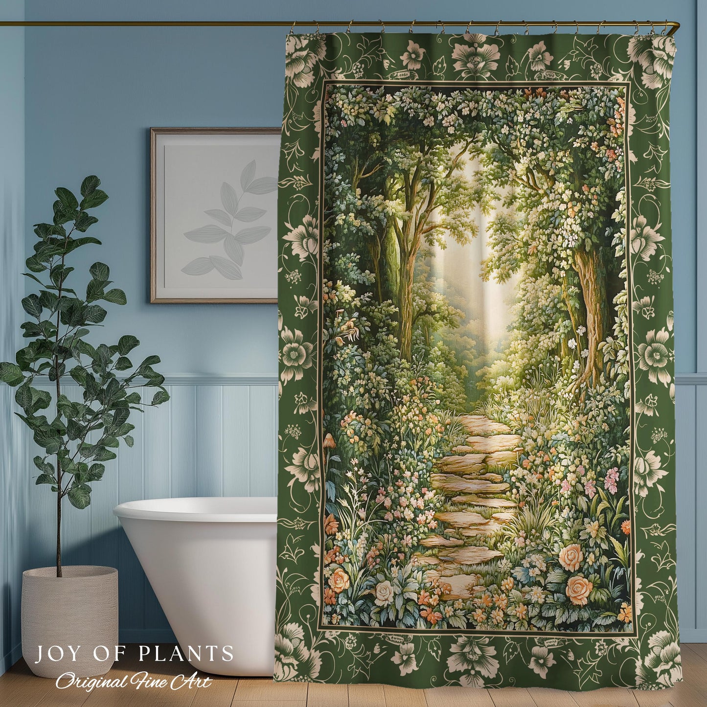Mystic Garden Fairytale Landscape Shower Curtain | Fairycore Woodland Nature Lover Aesthetic Cozy Earthy Bathroom Decor Whimsical Floral |