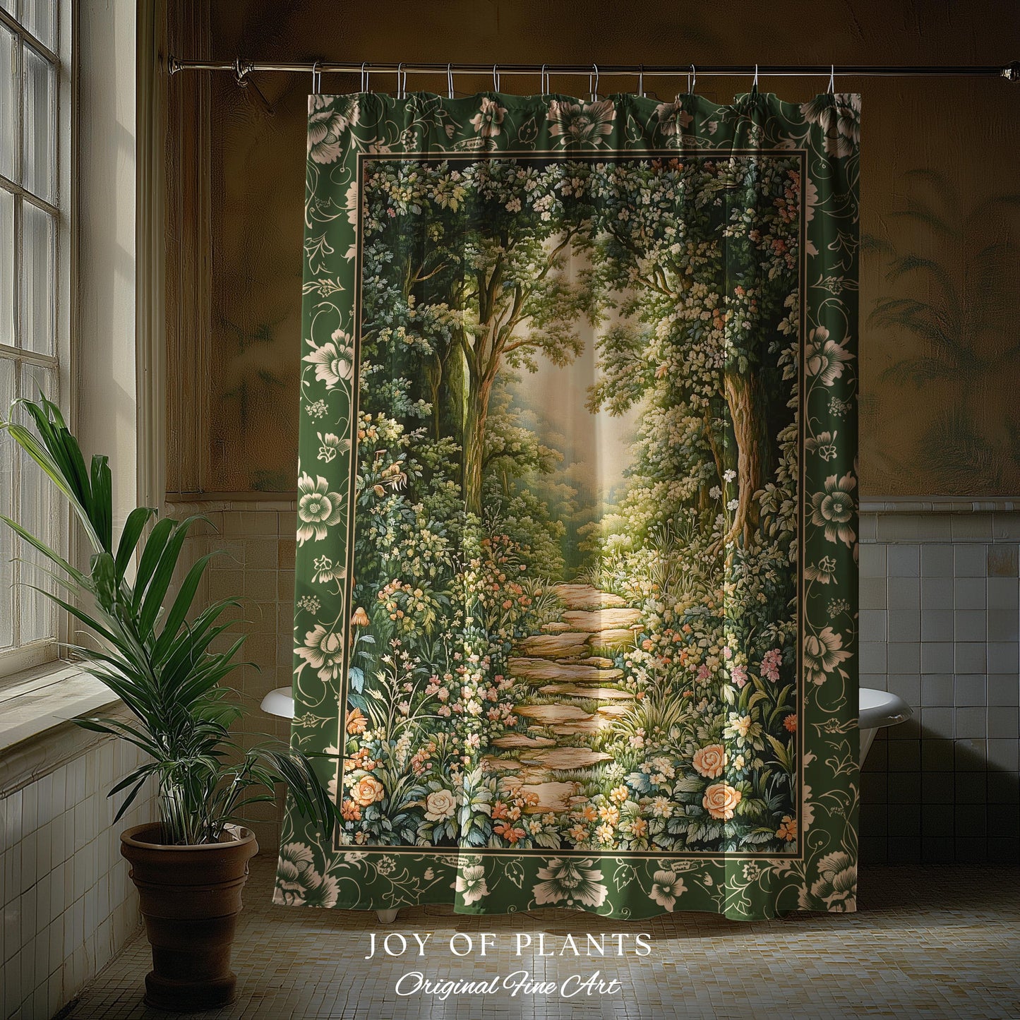 Mystic Garden Fairytale Landscape Shower Curtain | Fairycore Woodland Nature Lover Aesthetic Cozy Earthy Bathroom Decor Whimsical Floral |