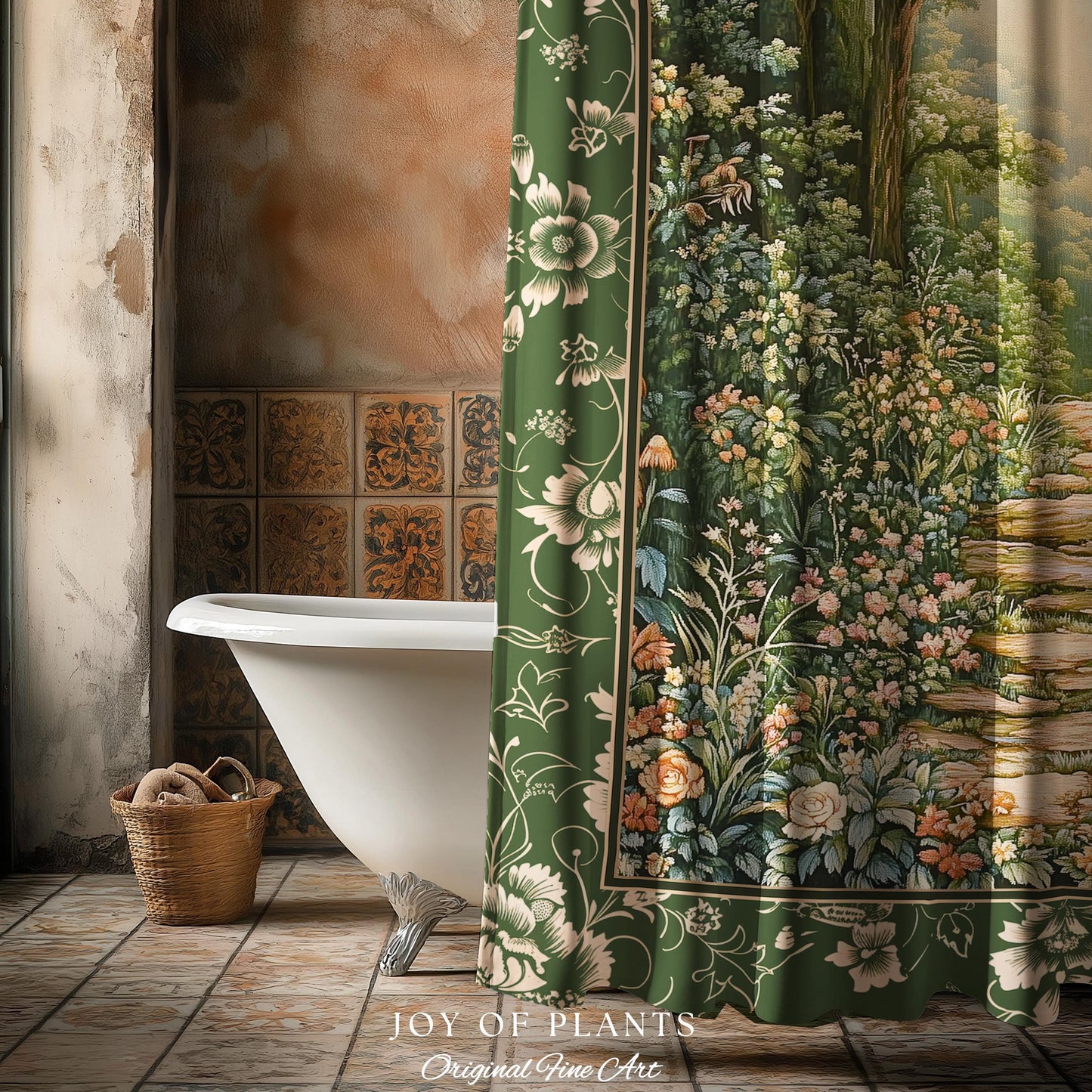Mystic Garden Fairytale Landscape Shower Curtain | Fairycore Woodland Nature Lover Aesthetic Cozy Earthy Bathroom Decor Whimsical Floral |