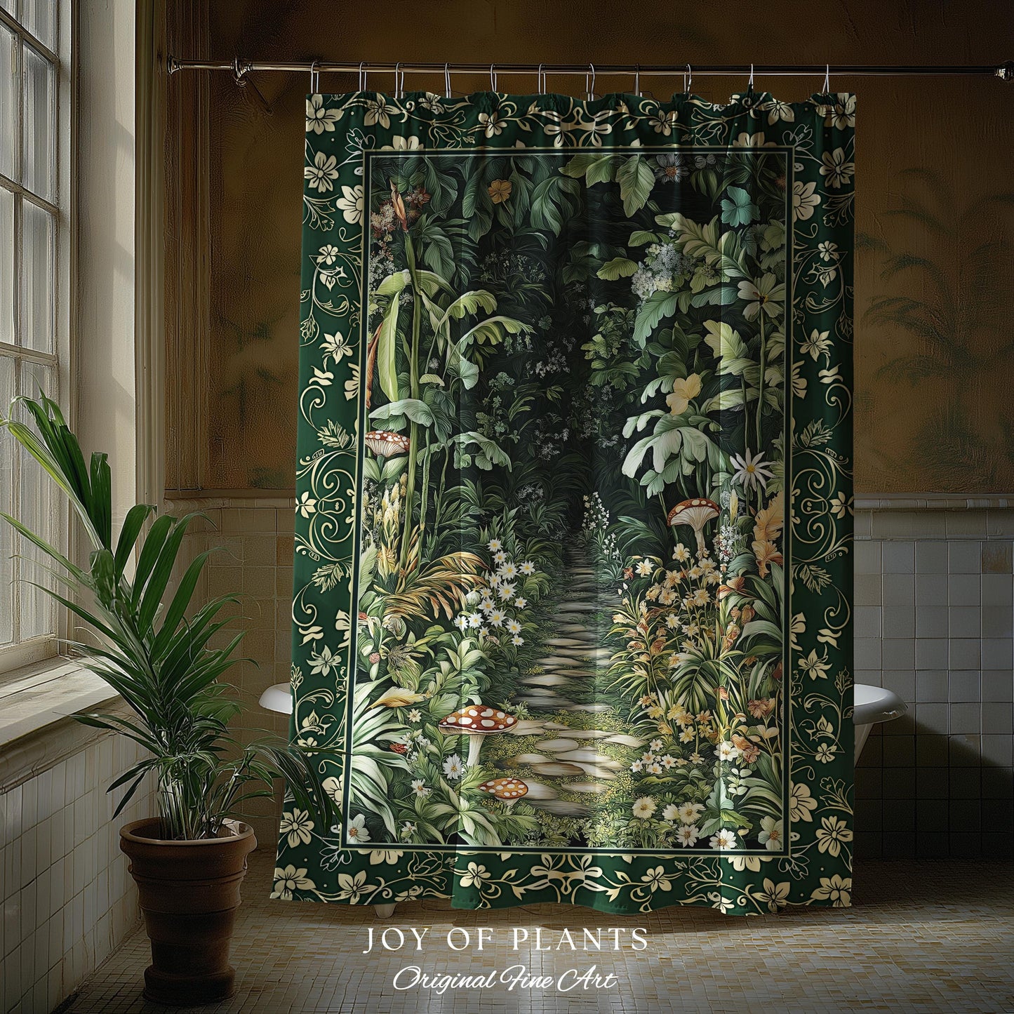 Soft Green Woodland Shower Curtain for Bathroom | Fairycore Woodland Nature Lover Book Nook Cozy Earthy Decor Jungle Whimsical Aesthetic |