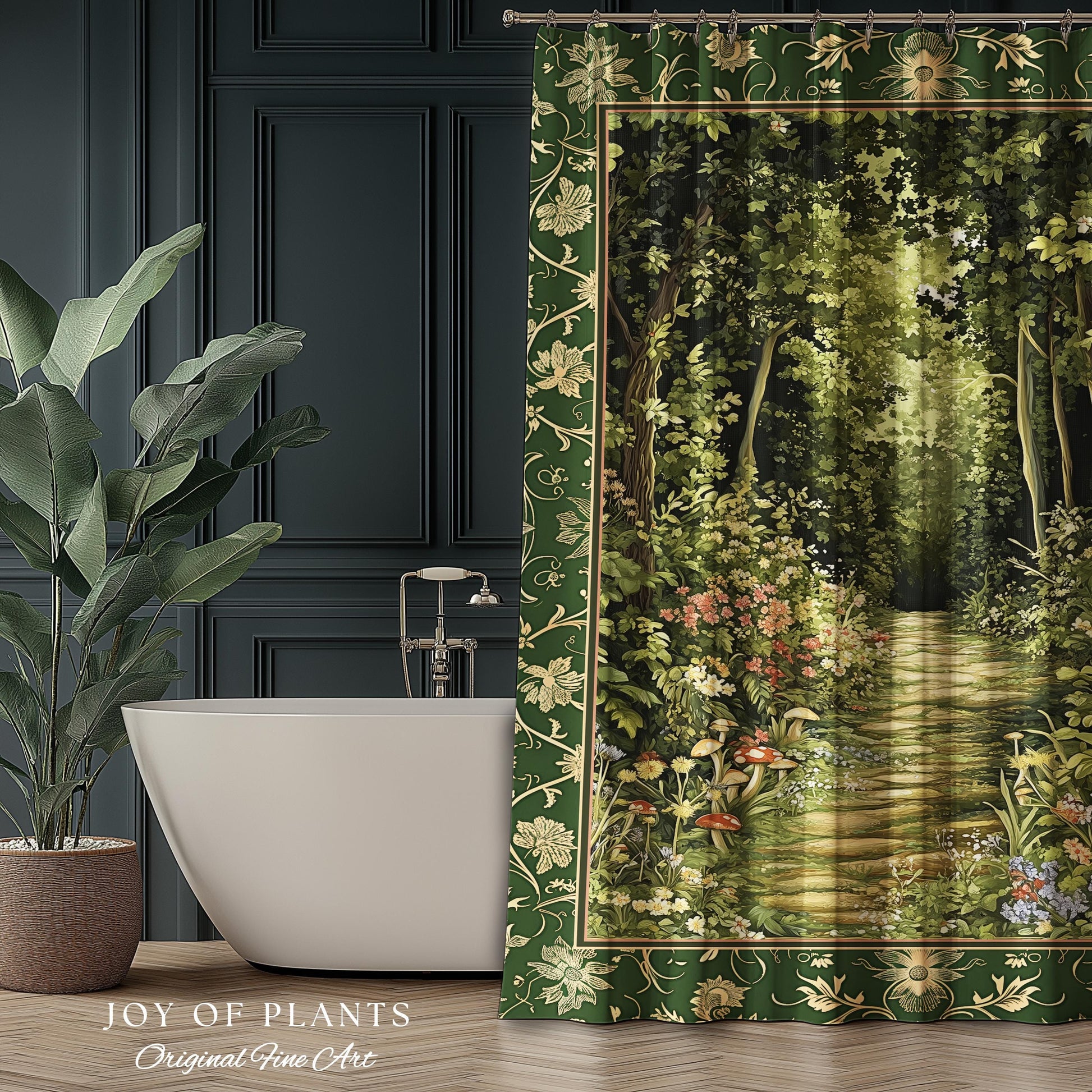 Natural Plants Ethereal Folklore Shower Curtain | Woodland Fairy Inspired Nature Lover Bathroom Cozy Earthy Botanical Accent Mystical Floral