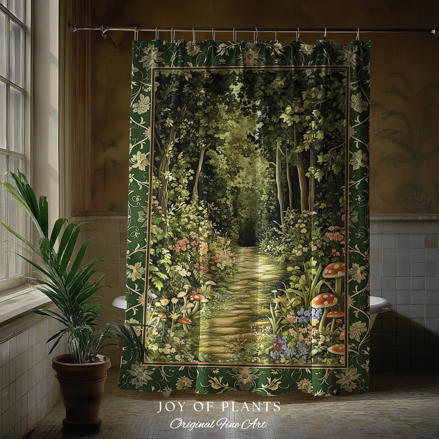 Natural Plants Ethereal Folklore Shower Curtain | Woodland Fairy Inspired Nature Lover Bathroom Cozy Earthy Botanical Accent Mystical Floral