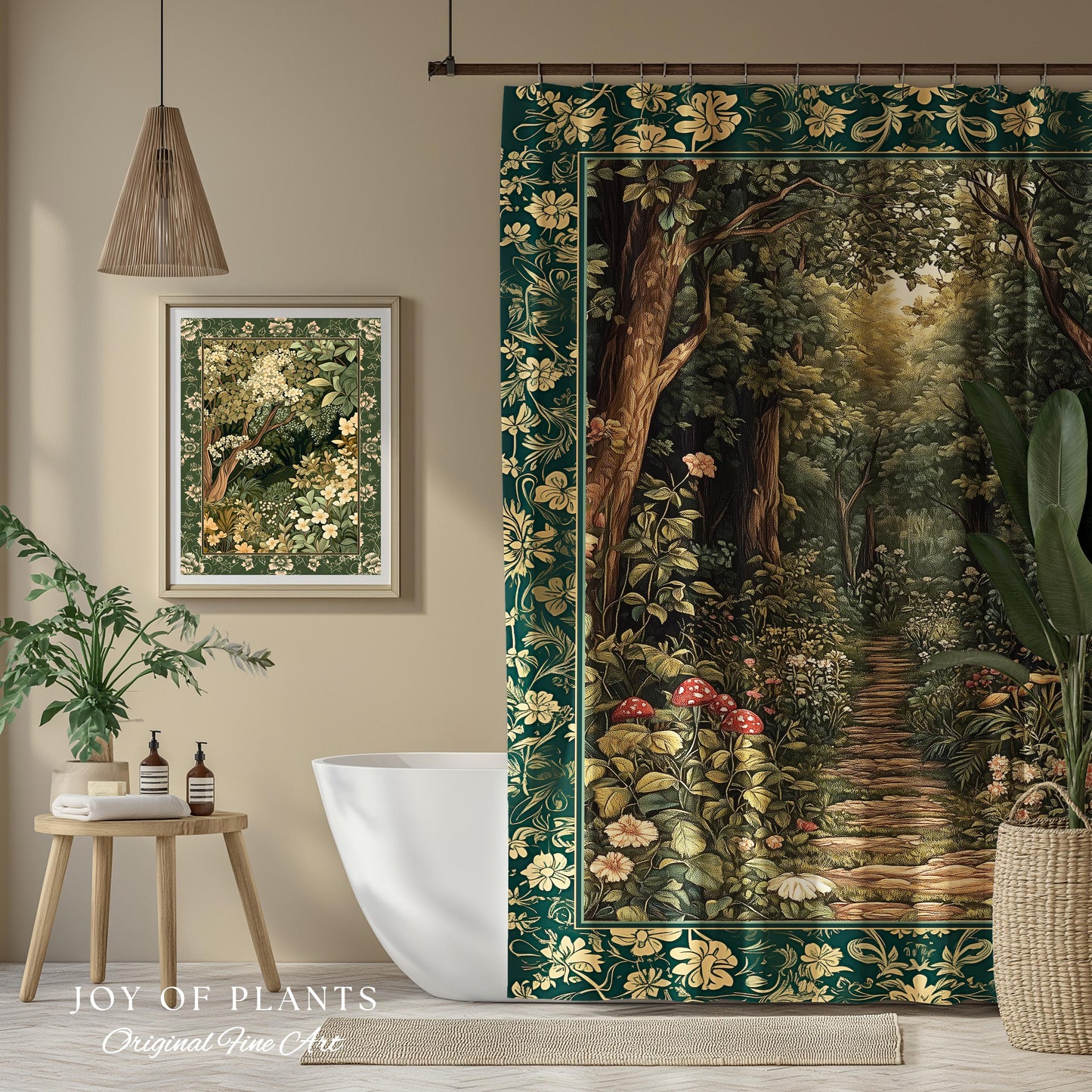 Botanical Bathroom Shower Curtain Fairycore | Woodland Mushroom Aesthetic Nature Lover Bookish Style Mushroom Fairy Core Emerald Green Decor