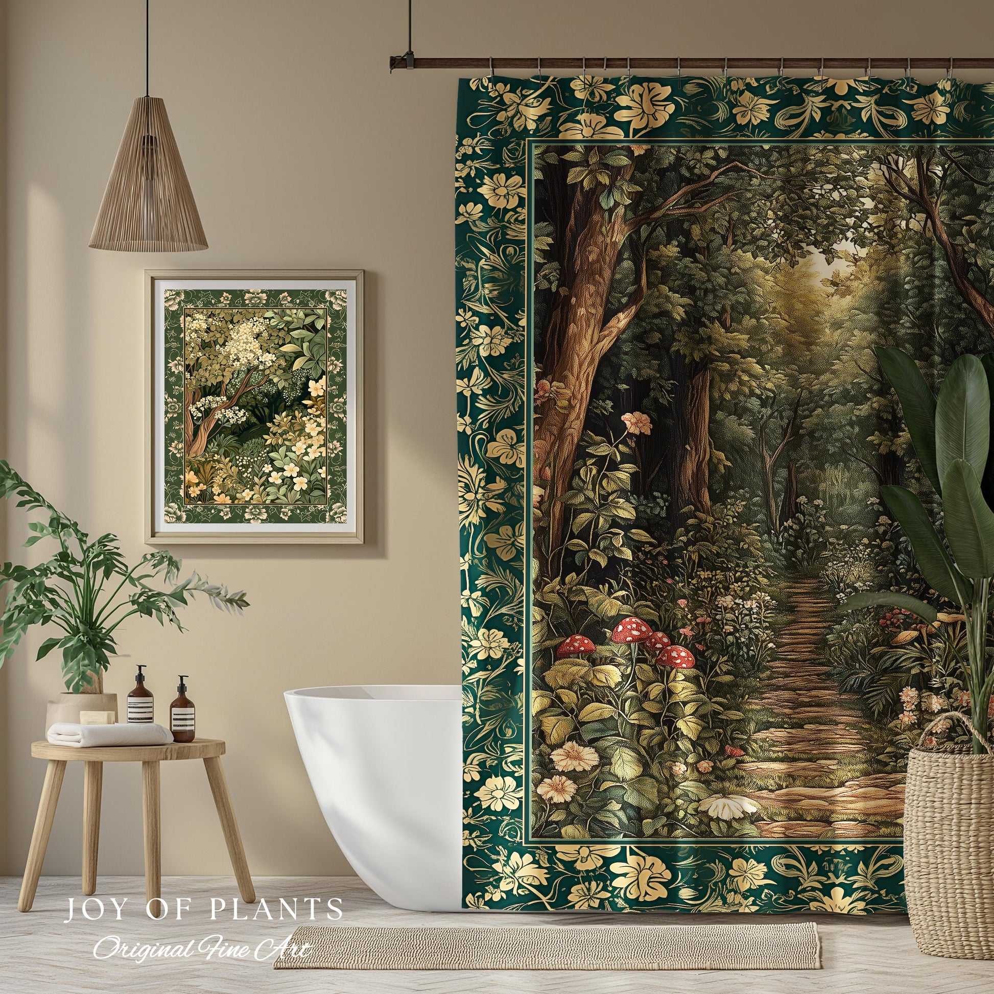 Botanical Bathroom Shower Curtain Fairycore | Woodland Mushroom Aesthetic Nature Lover Bookish Style Mushroom Fairy Core Emerald Green Decor