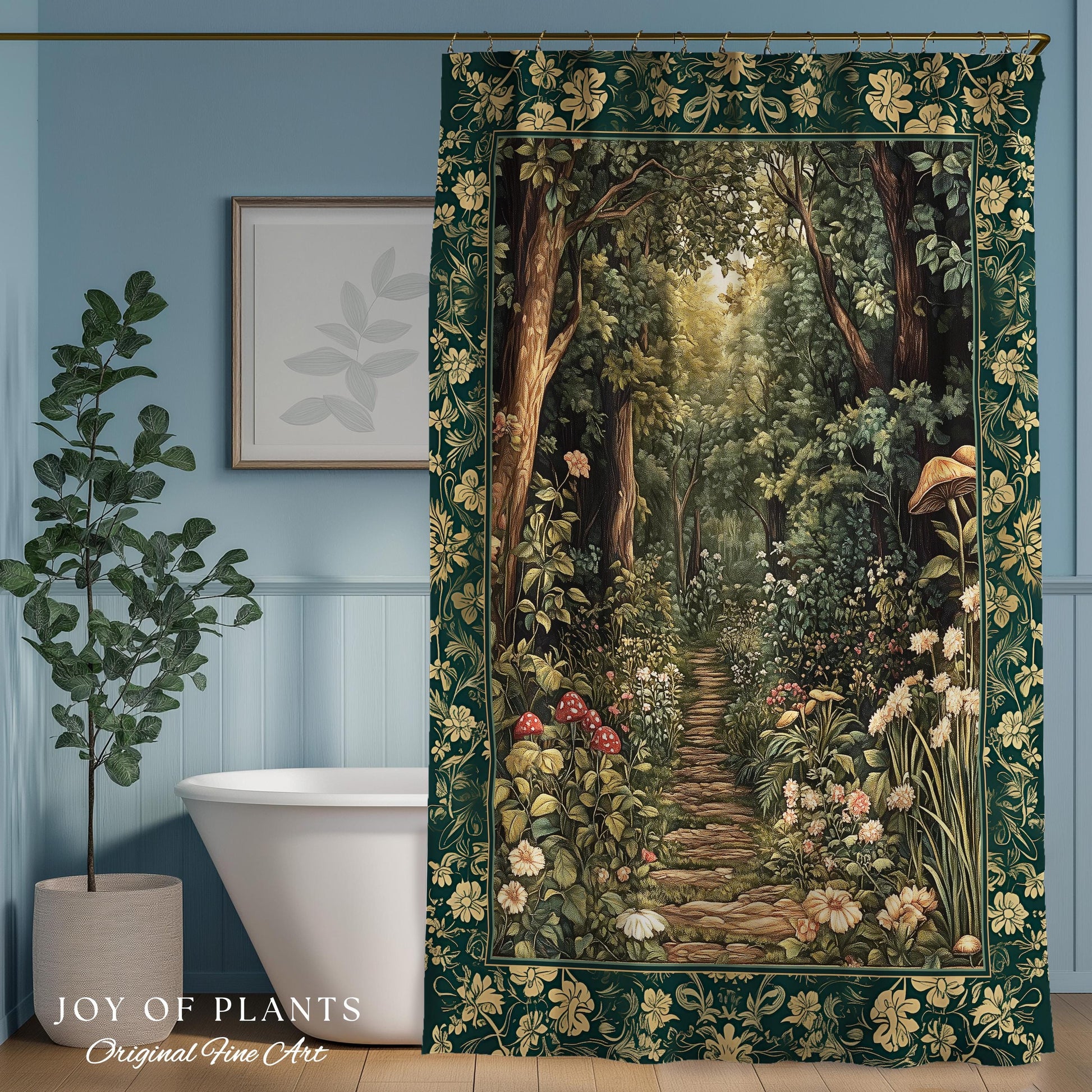 Botanical Bathroom Shower Curtain Fairycore | Woodland Mushroom Aesthetic Nature Lover Bookish Style Mushroom Fairy Core Emerald Green Decor