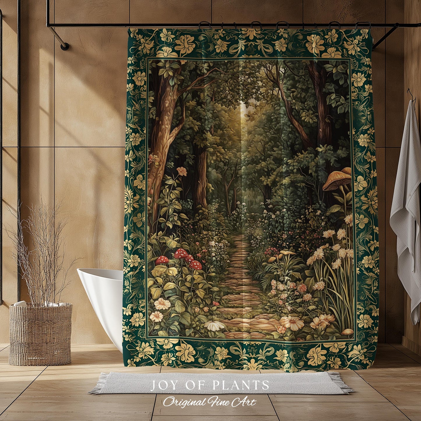 Botanical Bathroom Shower Curtain Fairycore | Woodland Mushroom Aesthetic Nature Lover Bookish Style Mushroom Fairy Core Emerald Green Decor