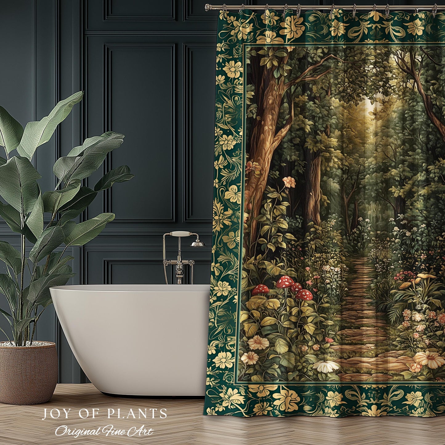 Botanical Bathroom Shower Curtain Fairycore | Woodland Mushroom Aesthetic Nature Lover Bookish Style Mushroom Fairy Core Emerald Green Decor