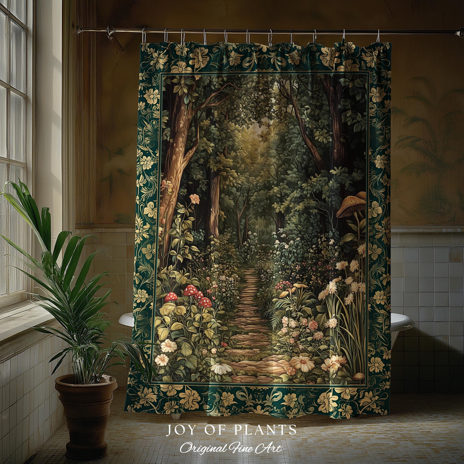 Botanical Bathroom Shower Curtain Fairycore | Woodland Mushroom Aesthetic Nature Lover Bookish Style Mushroom Fairy Core Emerald Green Decor