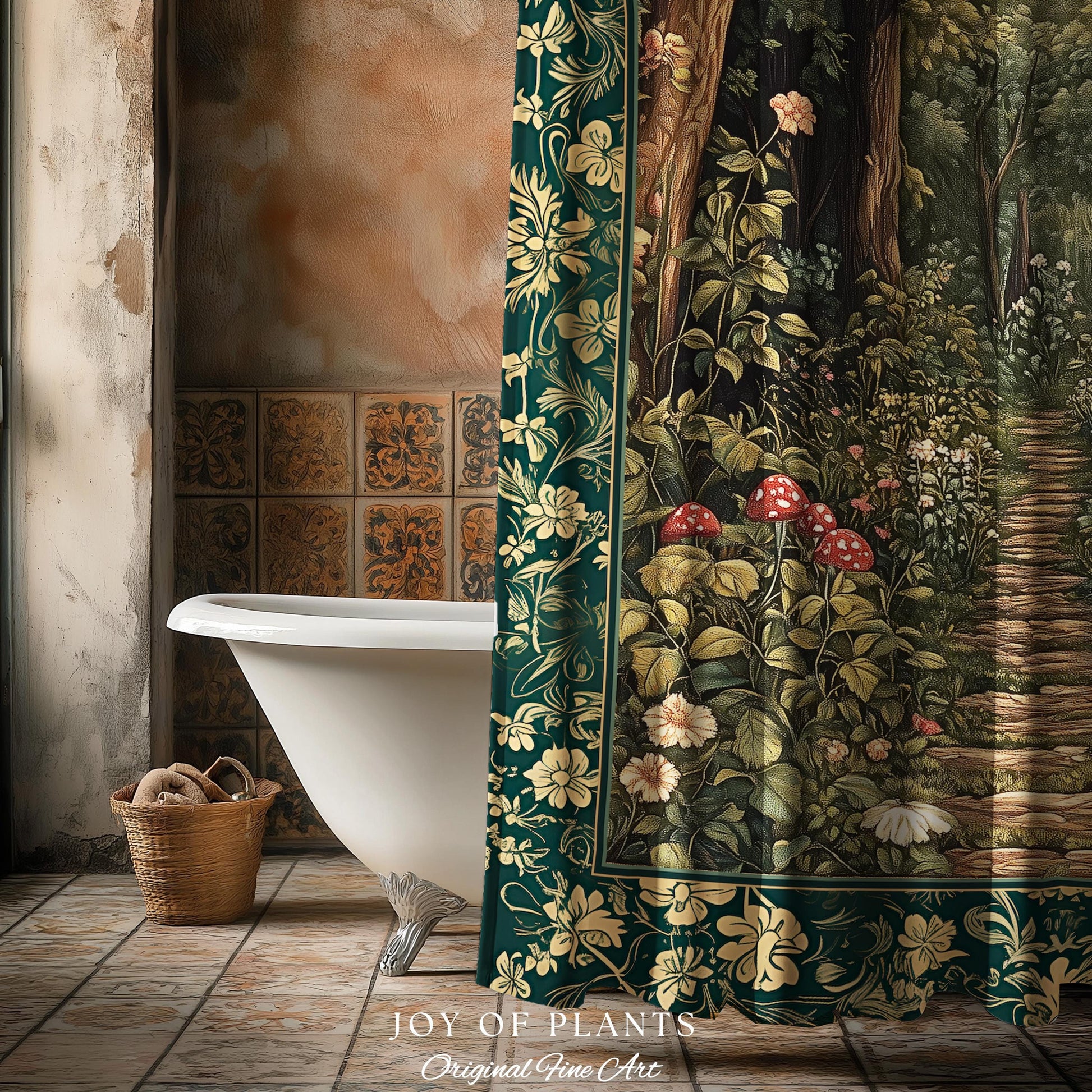 Botanical Bathroom Shower Curtain Fairycore | Woodland Mushroom Aesthetic Nature Lover Bookish Style Mushroom Fairy Core Emerald Green Decor
