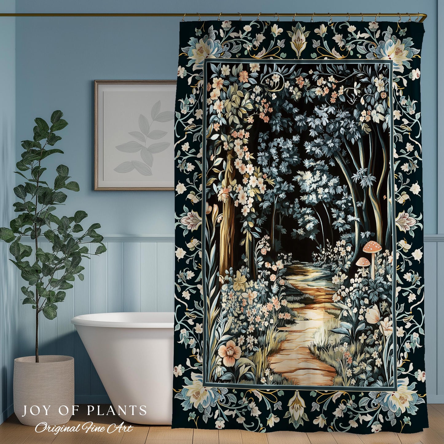 Dreamy Forest Landscape Botanical Shower Curtain | Misty Forest Dark Cottagecore Aesthetic Fairycore Bathroom Magical Jungle Decor Floral |